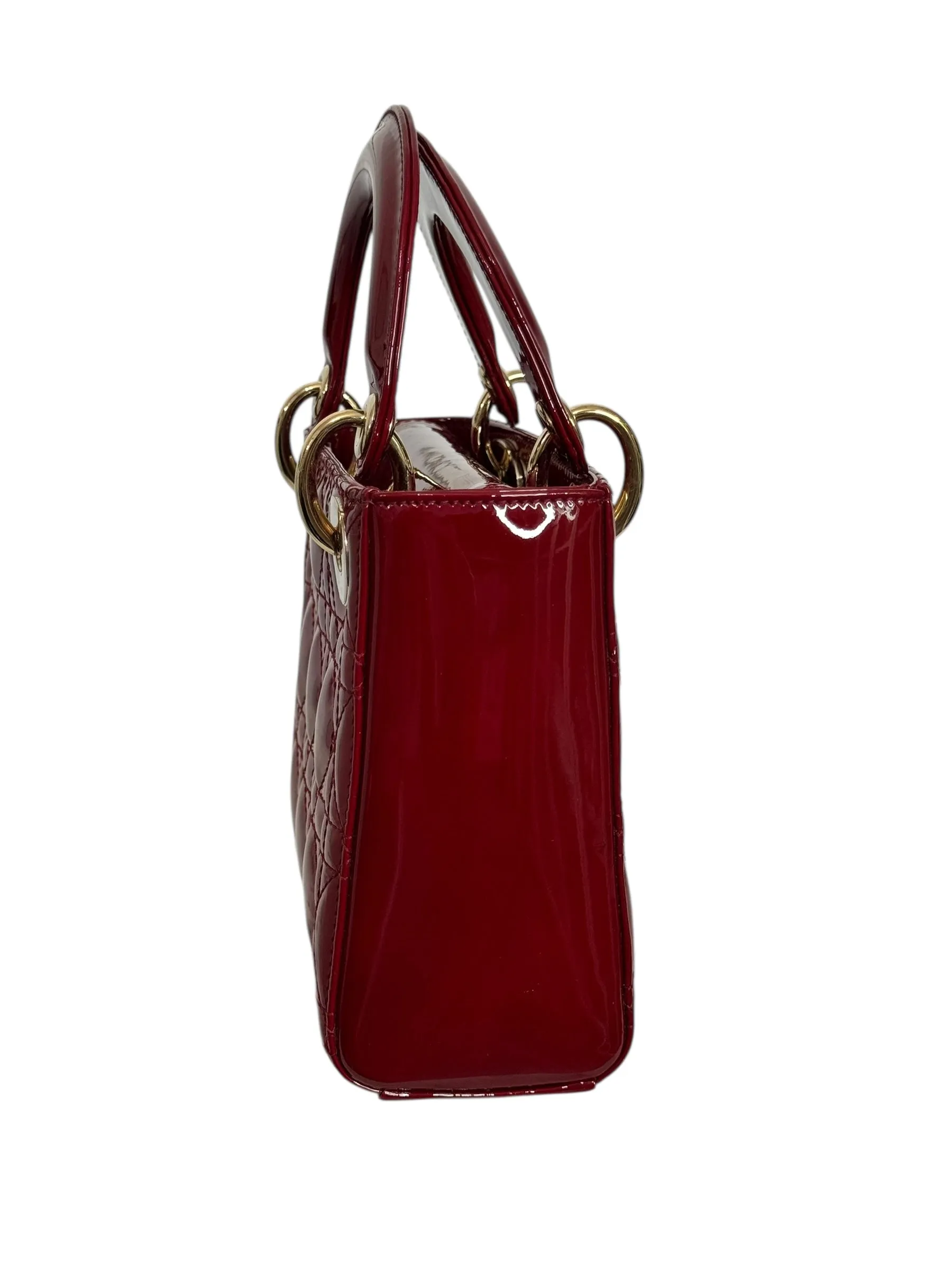 Christian Dior Lady Dior Mini Cherry Red Patent Leather, Gold-tone Hardware
