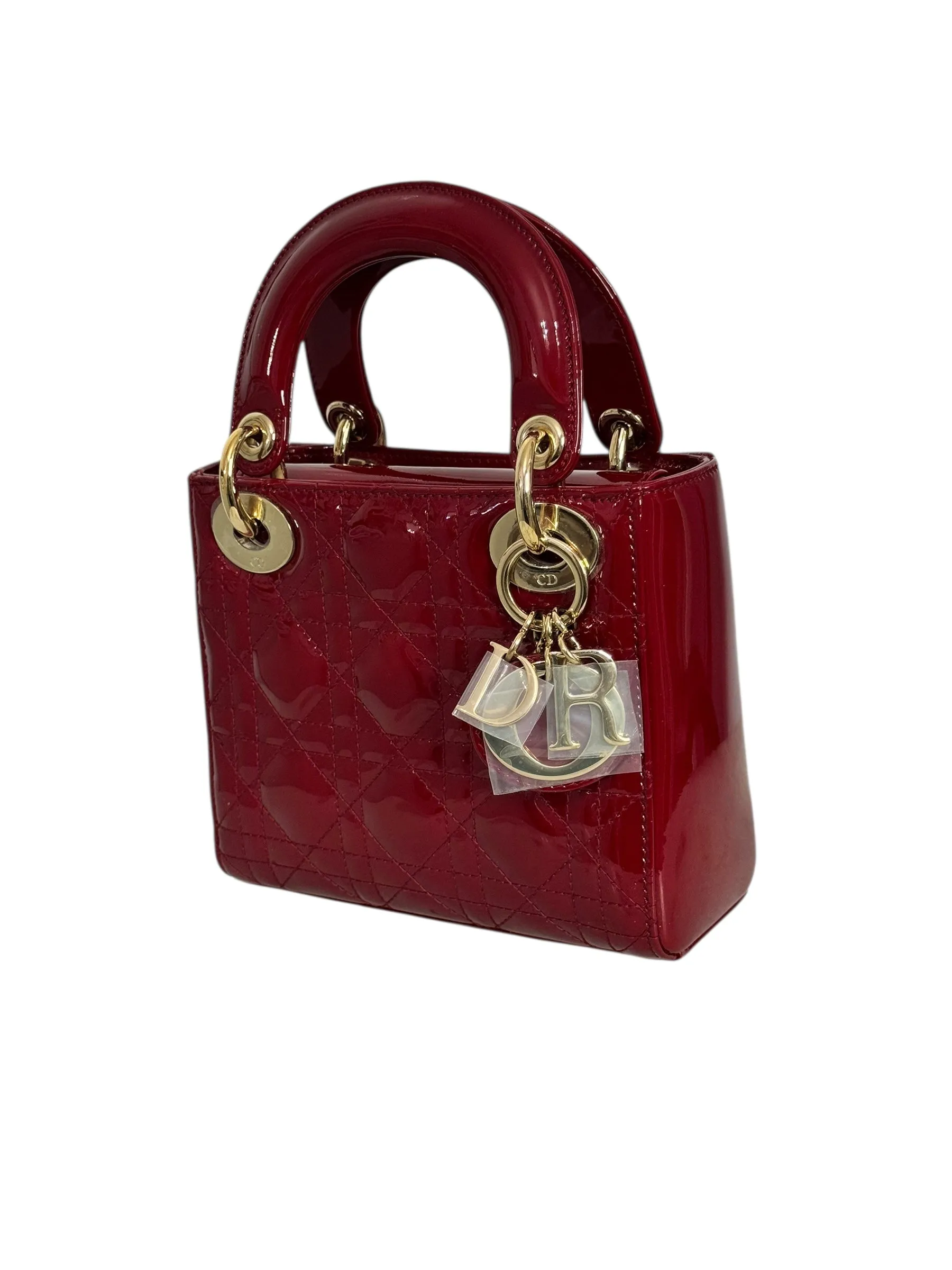 Christian Dior Lady Dior Mini Cherry Red Patent Leather, Gold-tone Hardware