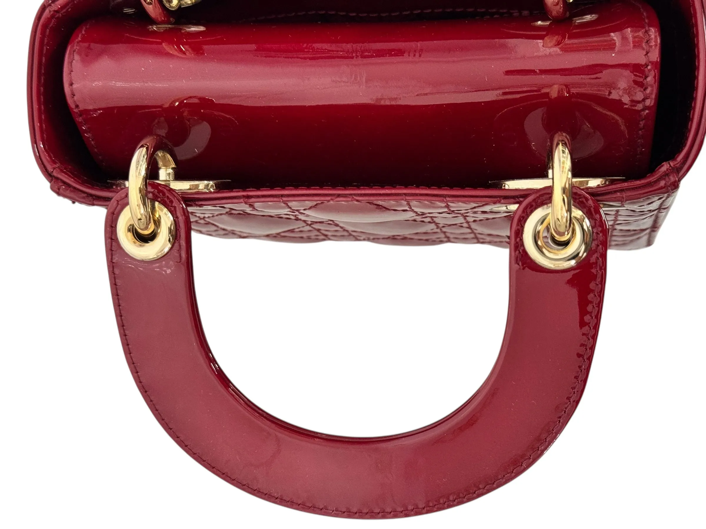 Christian Dior Lady Dior Mini Cherry Red Patent Leather, Gold-tone Hardware