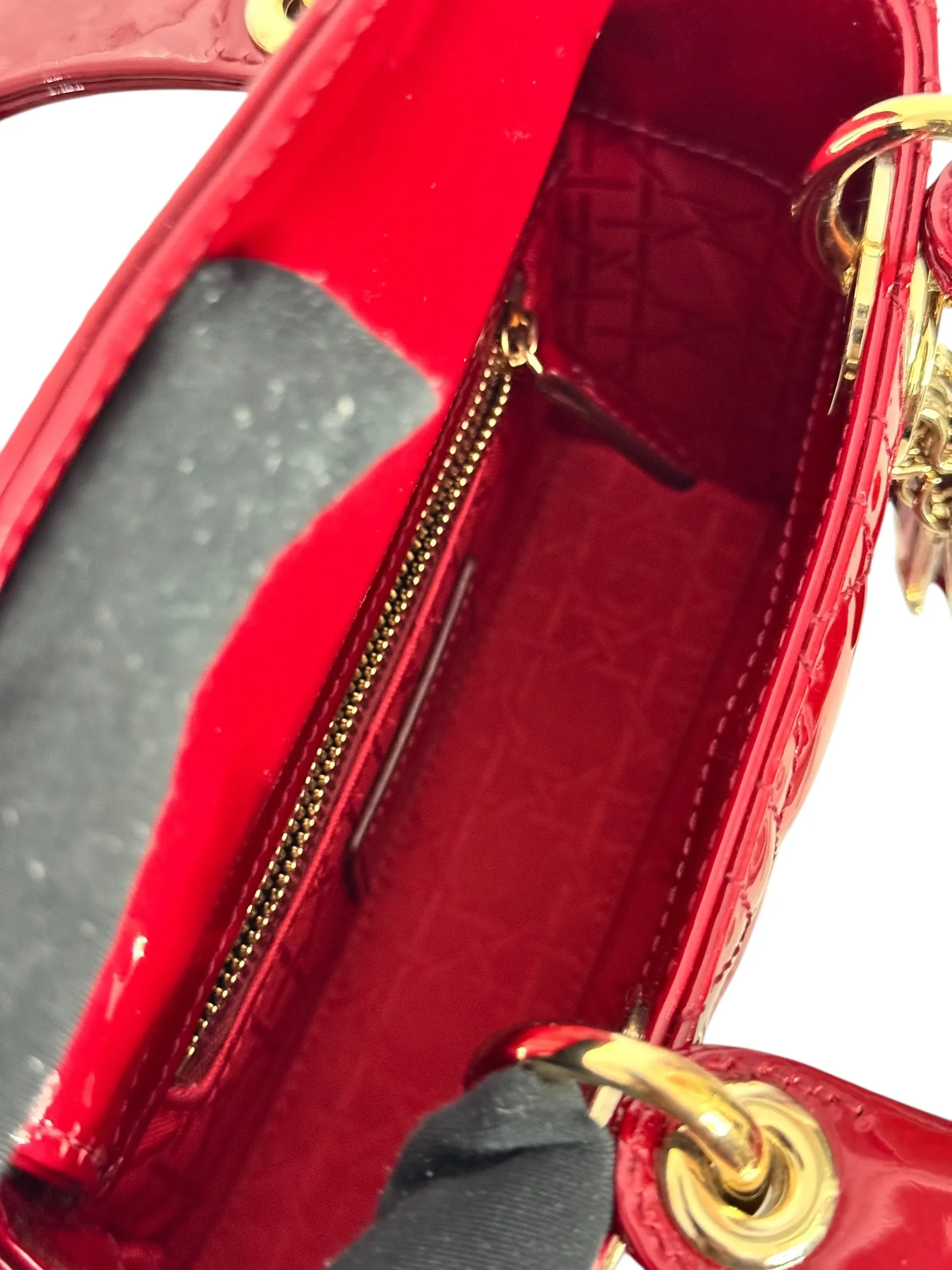 Christian Dior Lady Dior Mini Cherry Red Patent Leather, Gold-tone Hardware