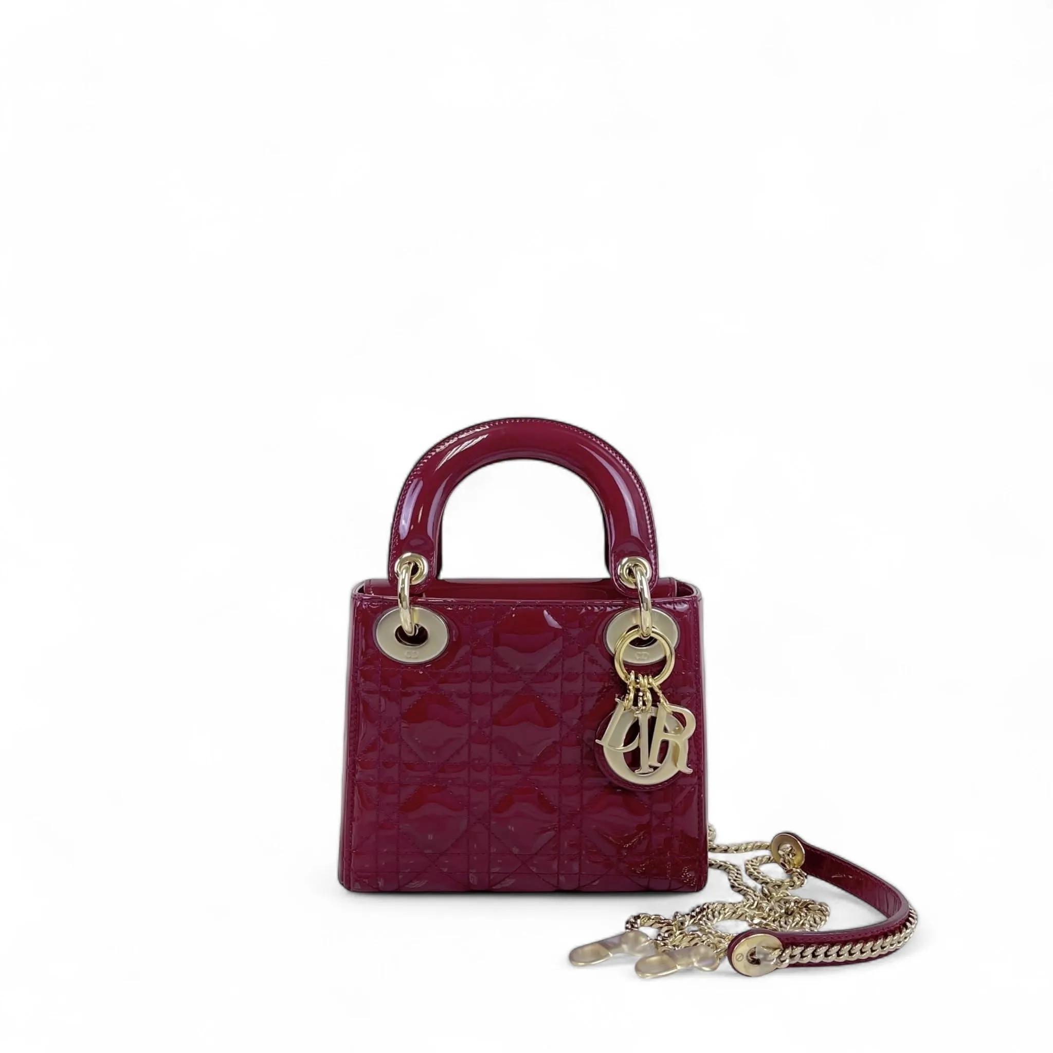 Christian Dior Lady Dior Mini Cherry Red Patent Leather, Gold-tone Hardware