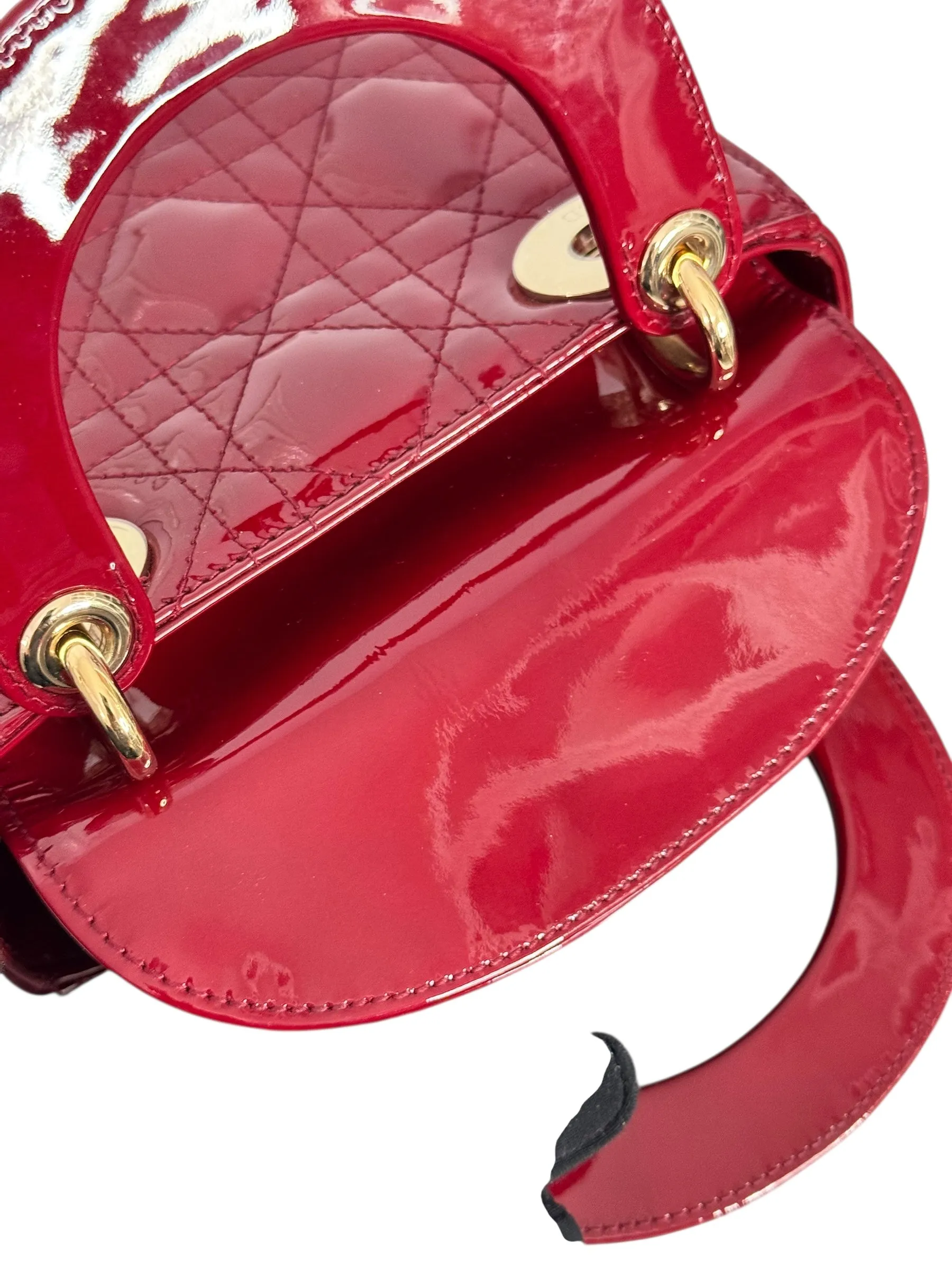 Christian Dior Lady Dior Mini Cherry Red Patent Leather, Gold-tone Hardware