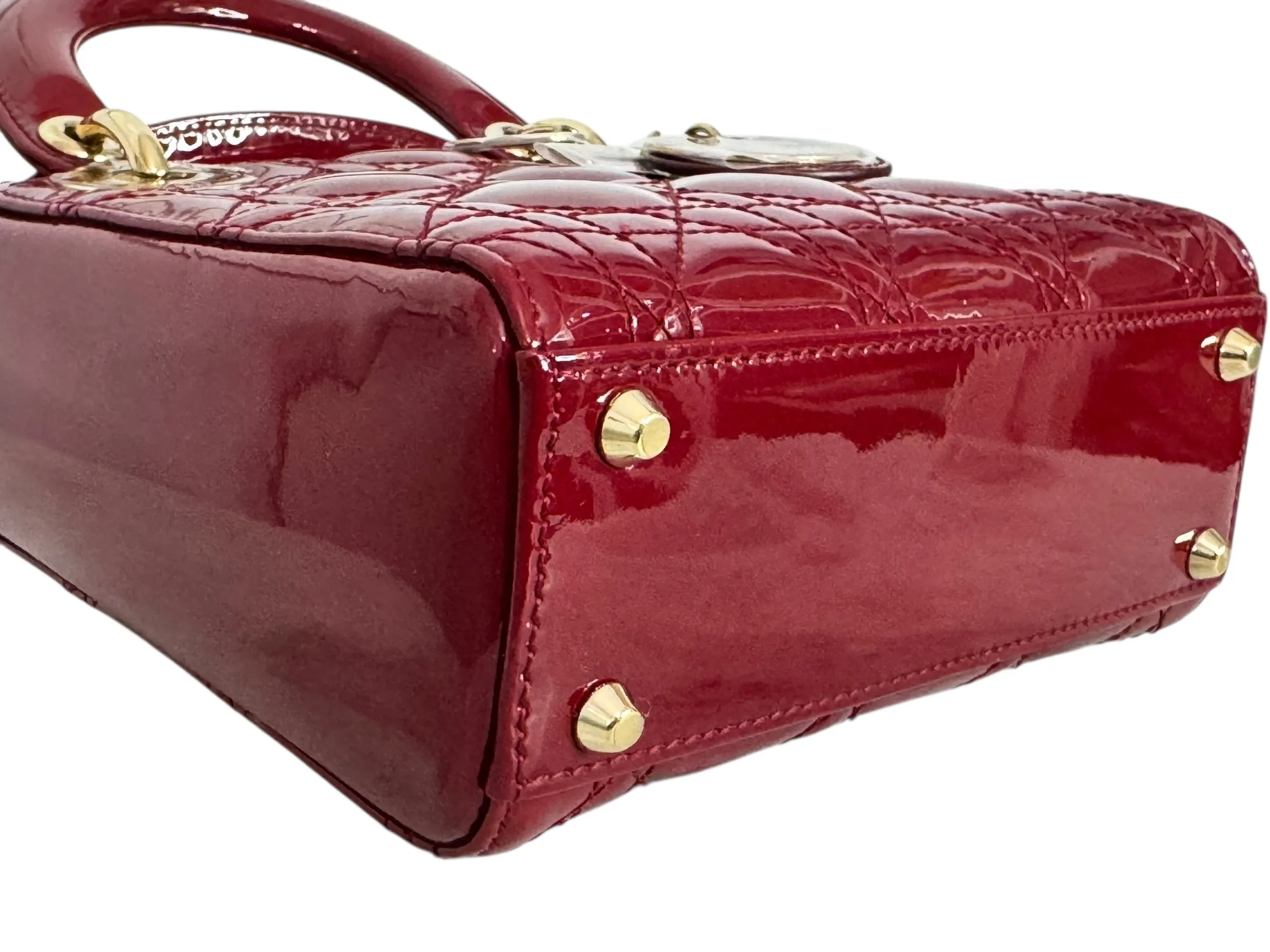 Christian Dior Lady Dior Mini Cherry Red Patent Leather, Gold-tone Hardware