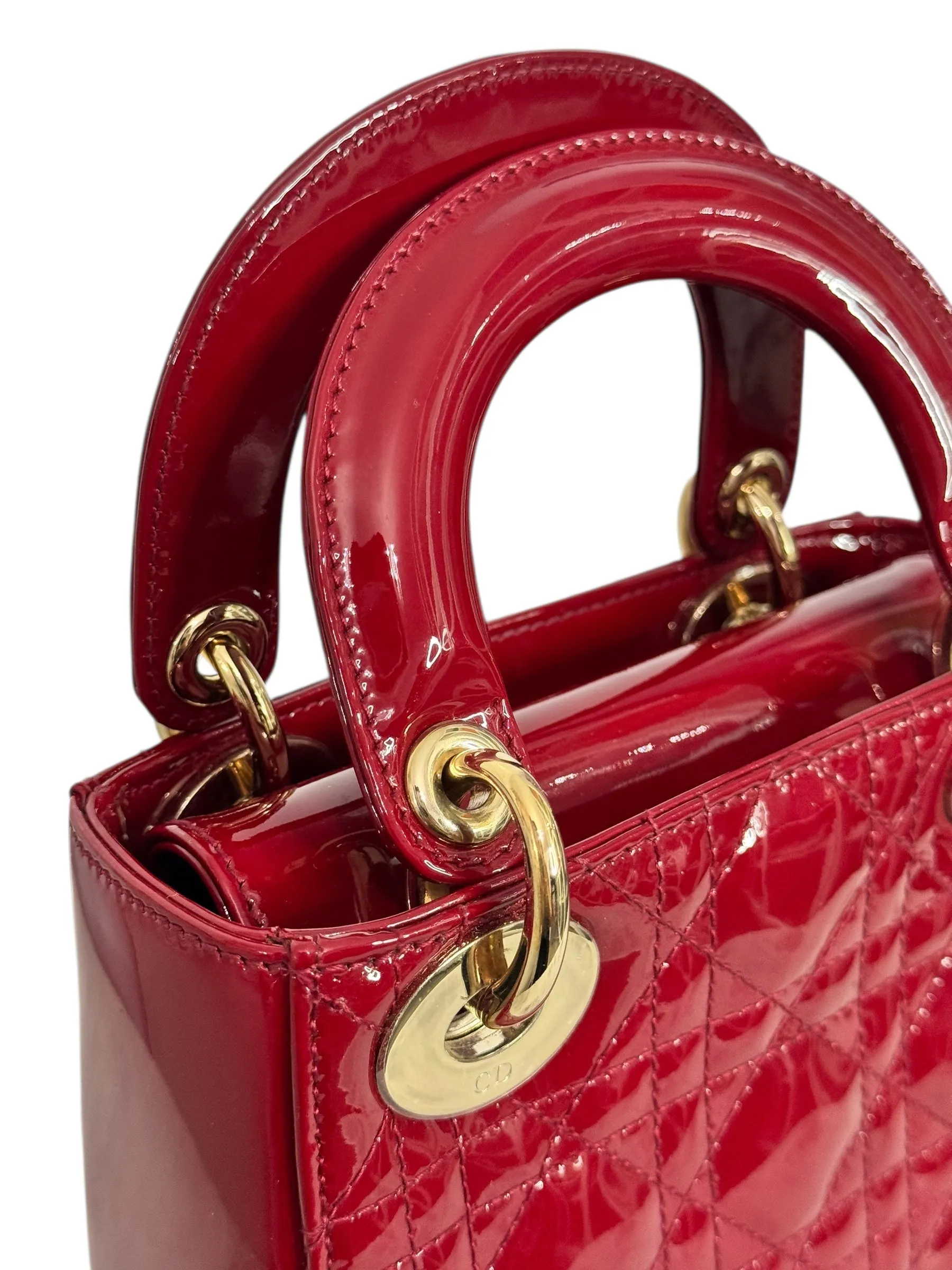 Christian Dior Lady Dior Mini Cherry Red Patent Leather, Gold-tone Hardware