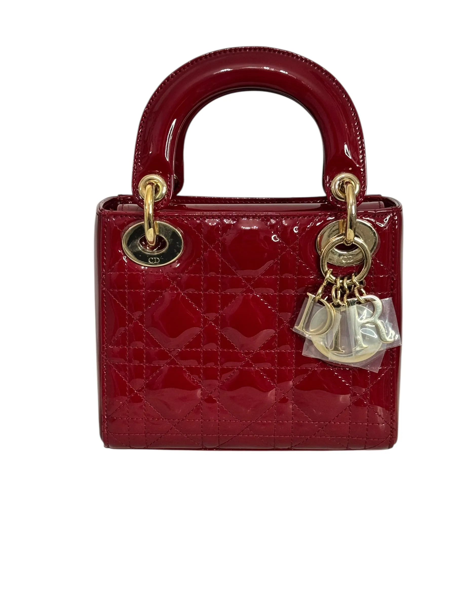 Christian Dior Lady Dior Mini Cherry Red Patent Leather, Gold-tone Hardware
