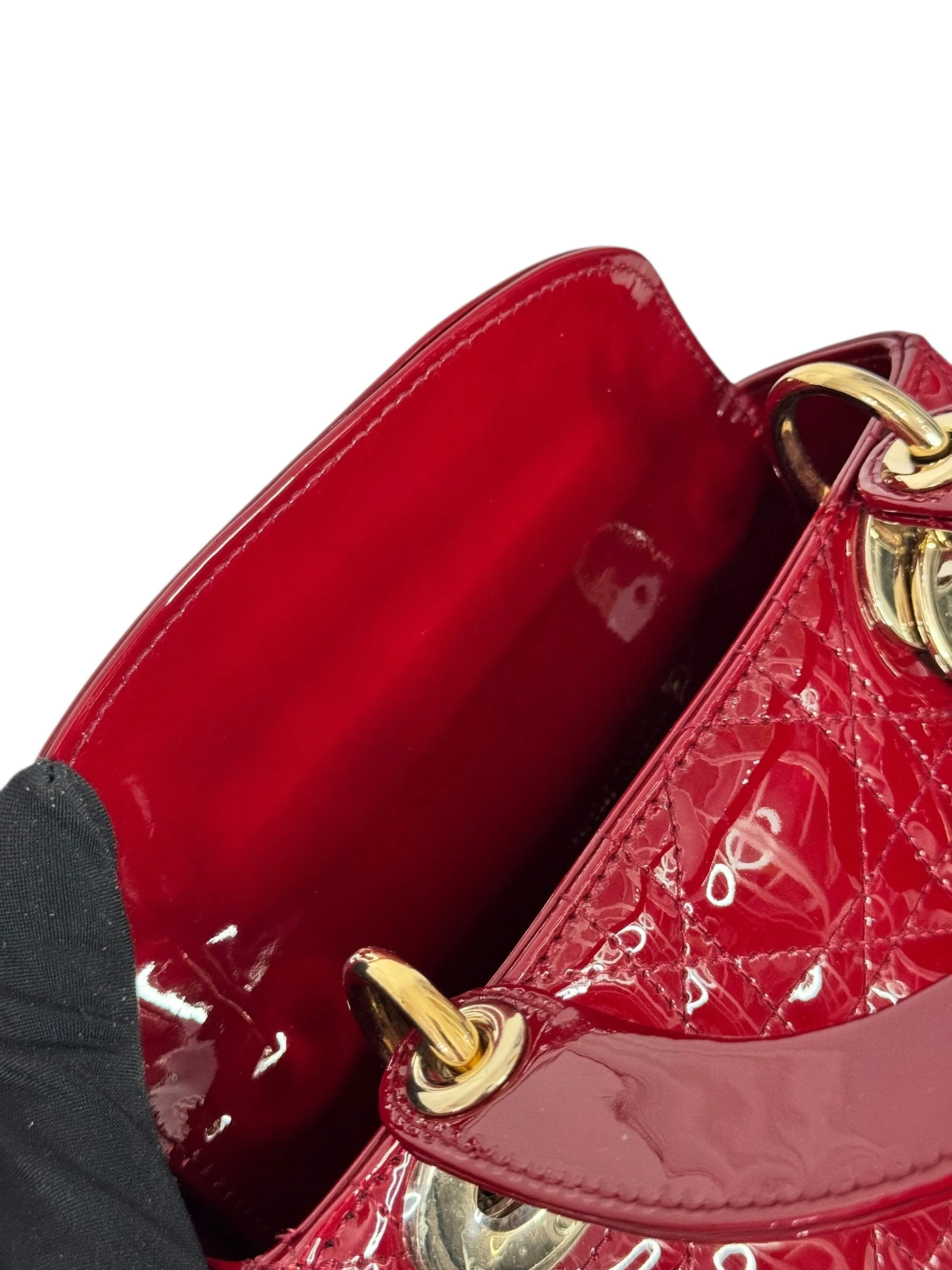 Christian Dior Lady Dior Mini Cherry Red Patent Leather, Gold-tone Hardware