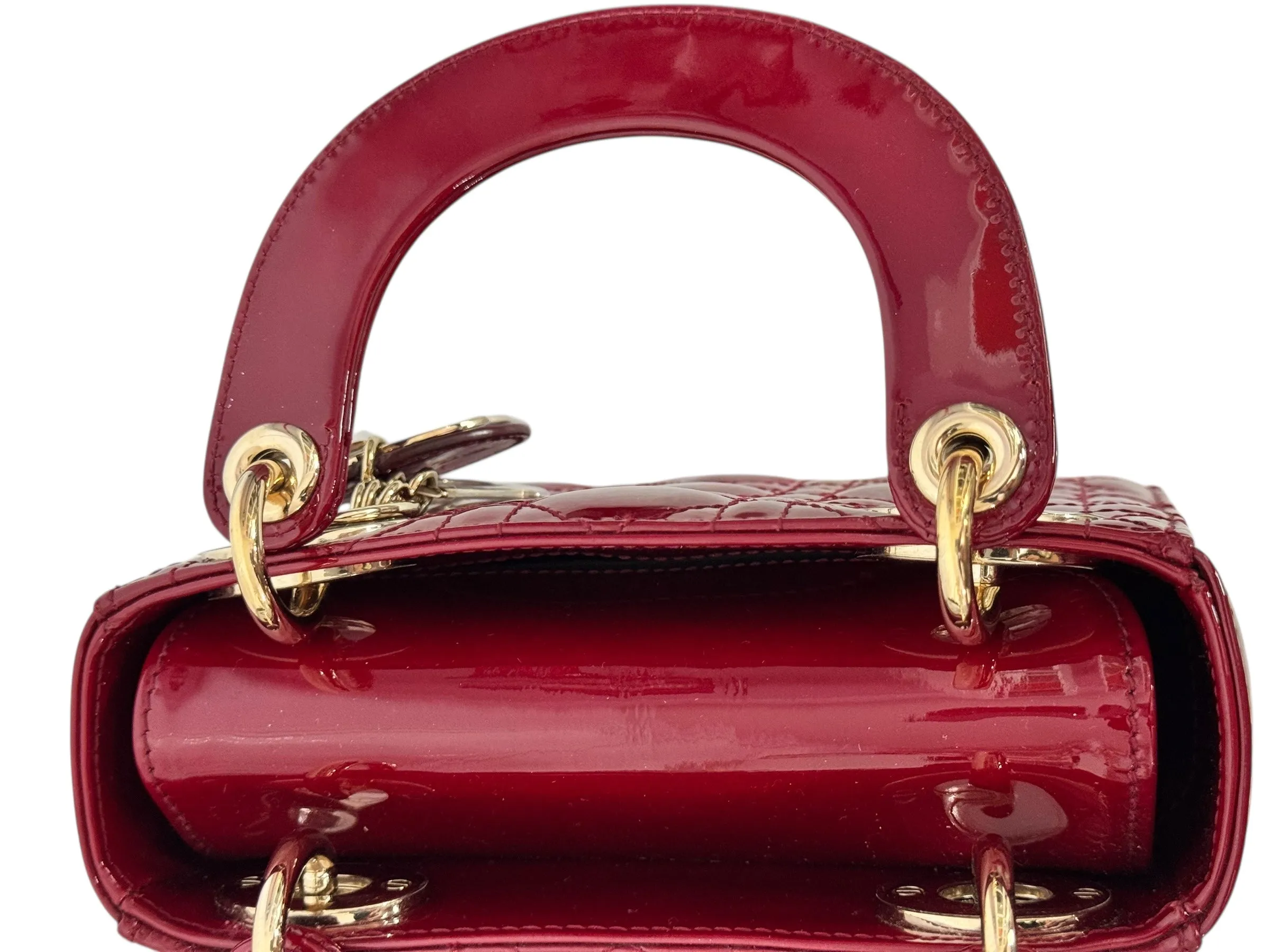 Christian Dior Lady Dior Mini Cherry Red Patent Leather, Gold-tone Hardware