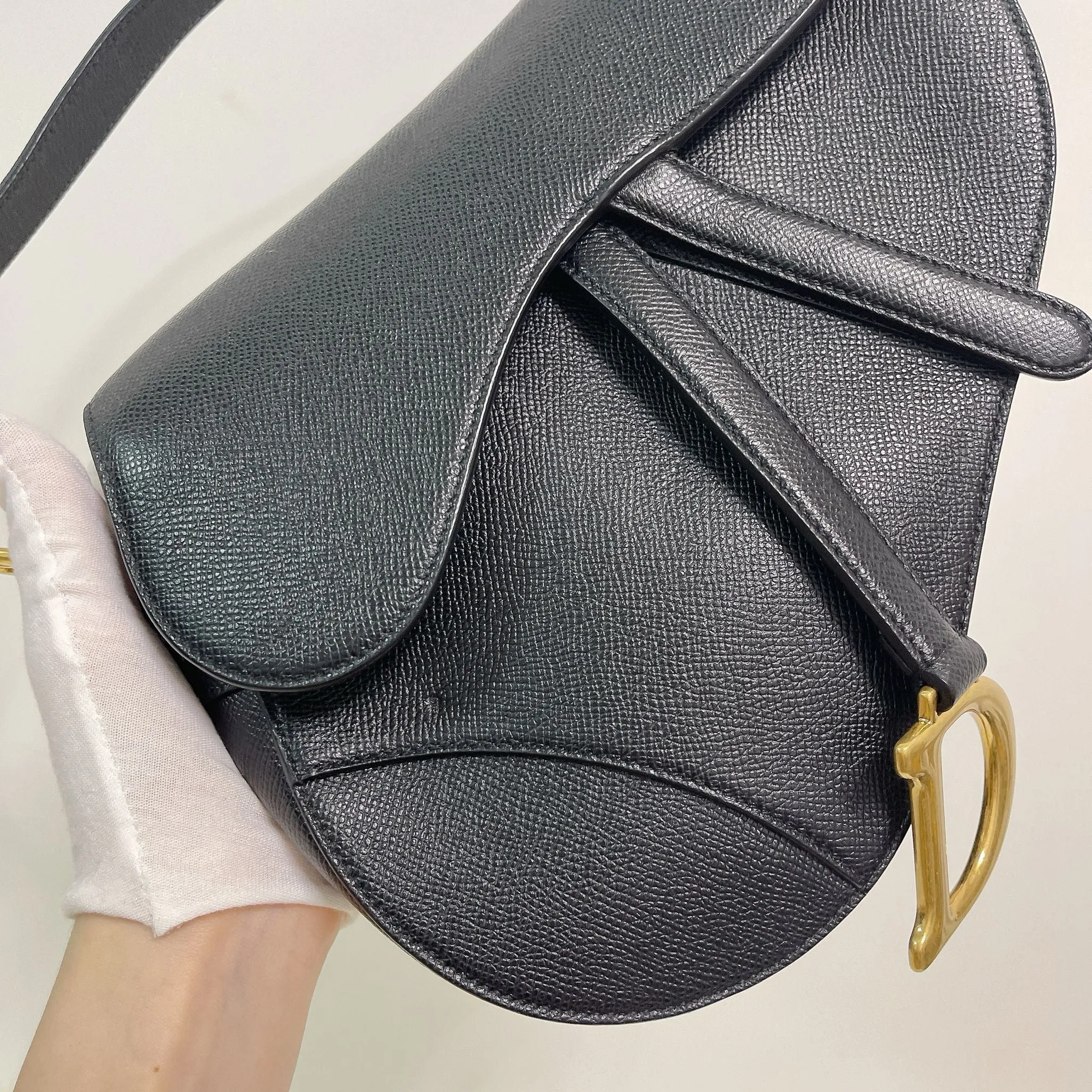 Christian Dior Saddle Bag Medium Black Grained Leather, Gold-tone Hardware