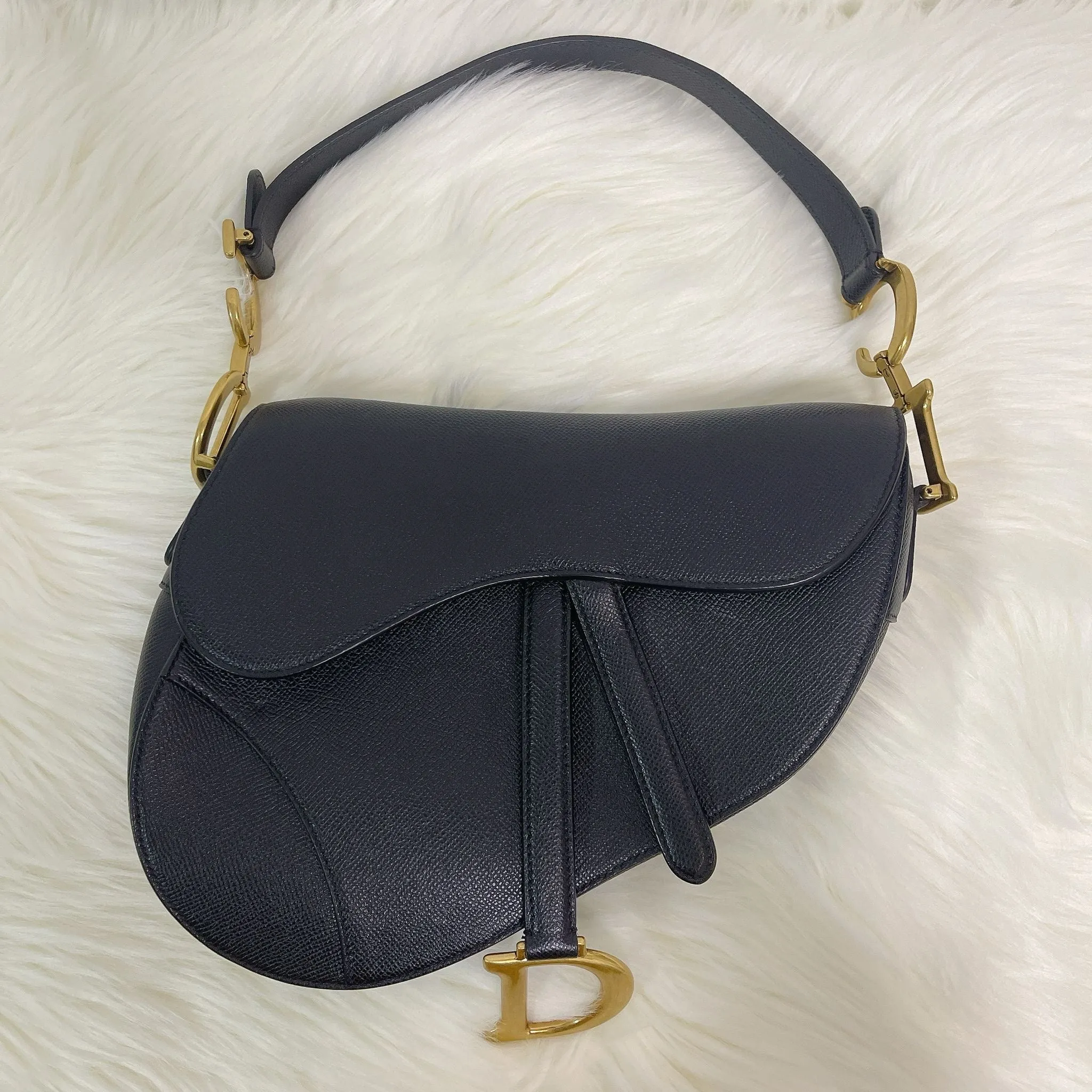 Christian Dior Saddle Bag Medium Black Grained Leather, Gold-tone Hardware