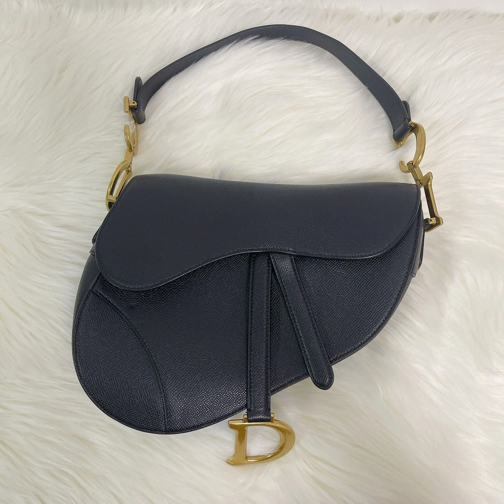 Christian Dior Saddle Bag Medium Black Grained Leather, Gold-tone Hardware
