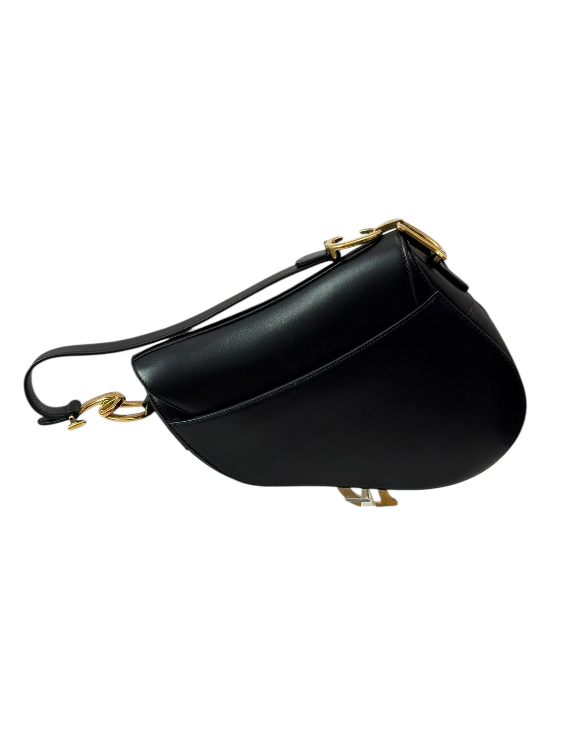 Christian Dior Saddle Bag Medium with Guitar Strap, Black Calf Leather Gold-tone Hardware