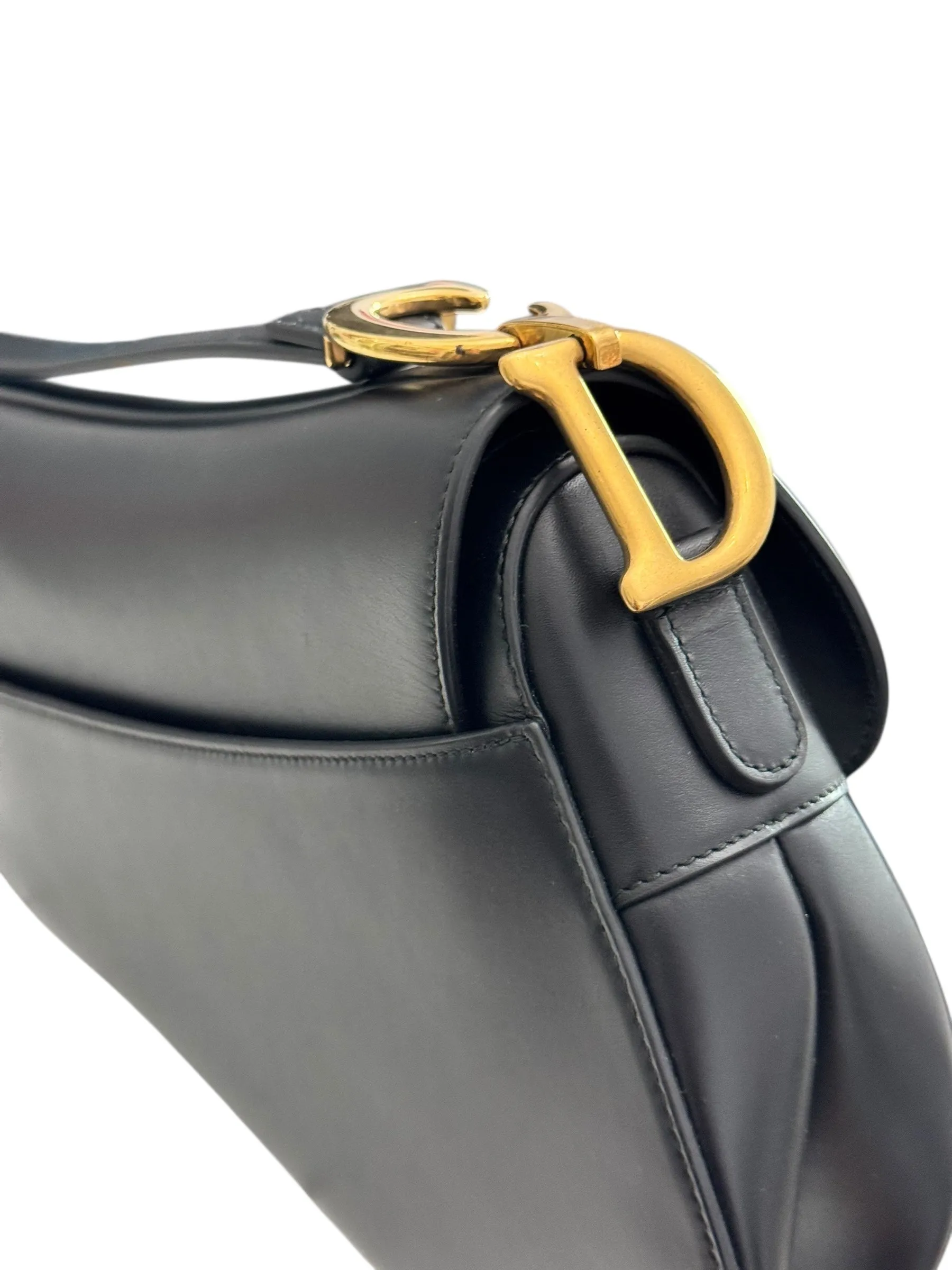 Christian Dior Saddle Bag Medium with Guitar Strap, Black Calf Leather Gold-tone Hardware