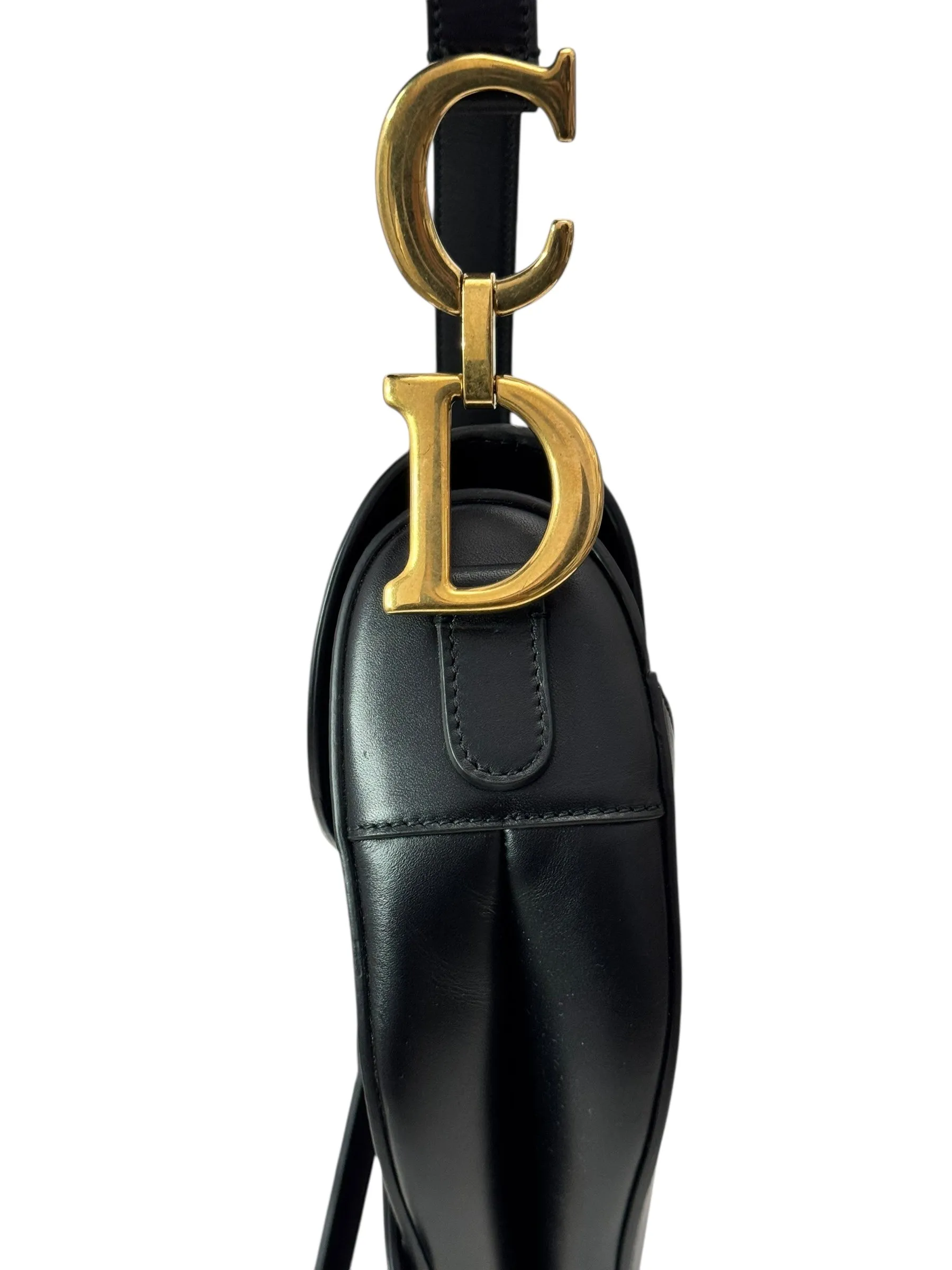 Christian Dior Saddle Bag Medium with Guitar Strap, Black Calf Leather Gold-tone Hardware