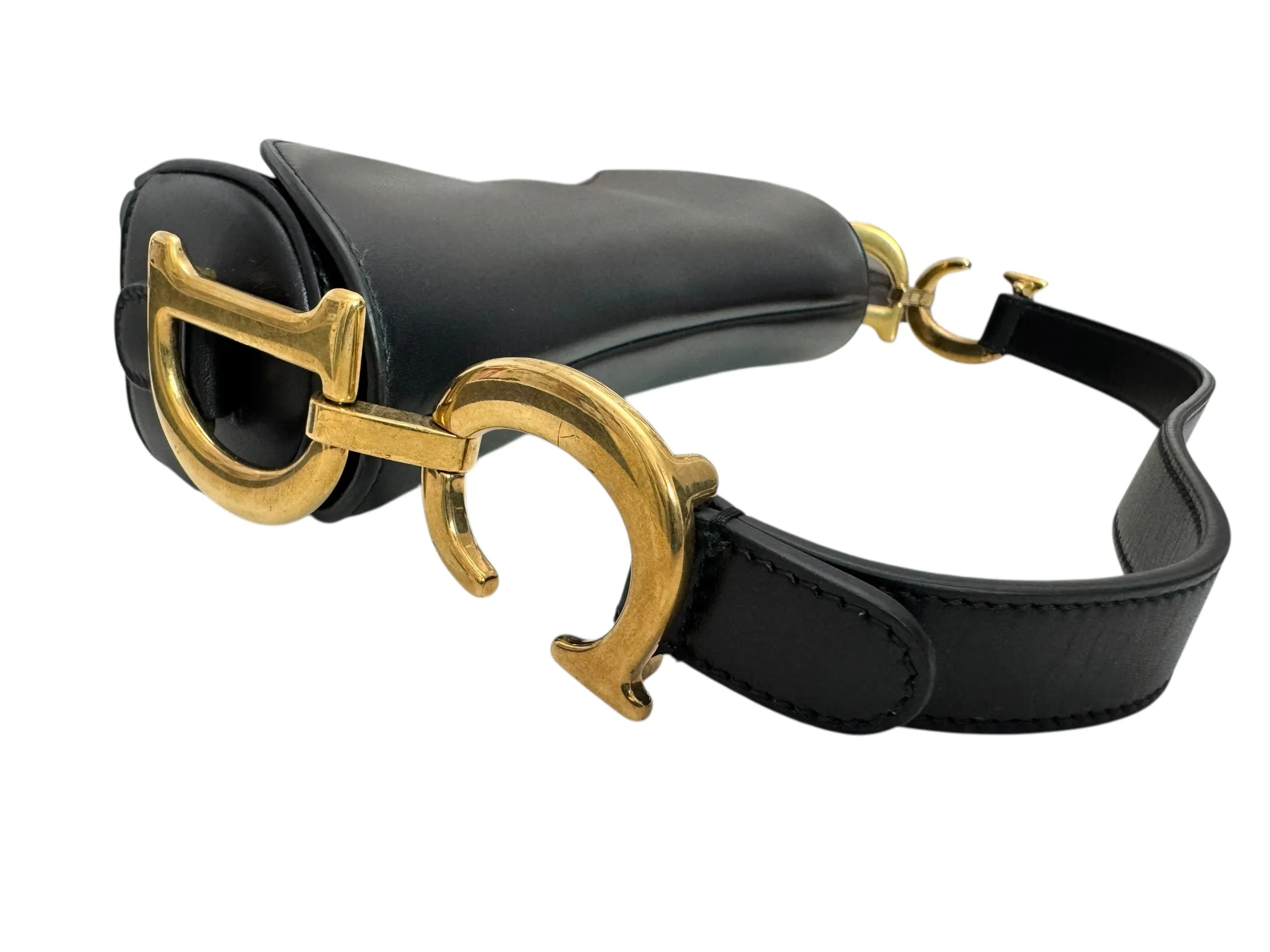 Christian Dior Saddle Bag Medium with Guitar Strap, Black Calf Leather Gold-tone Hardware