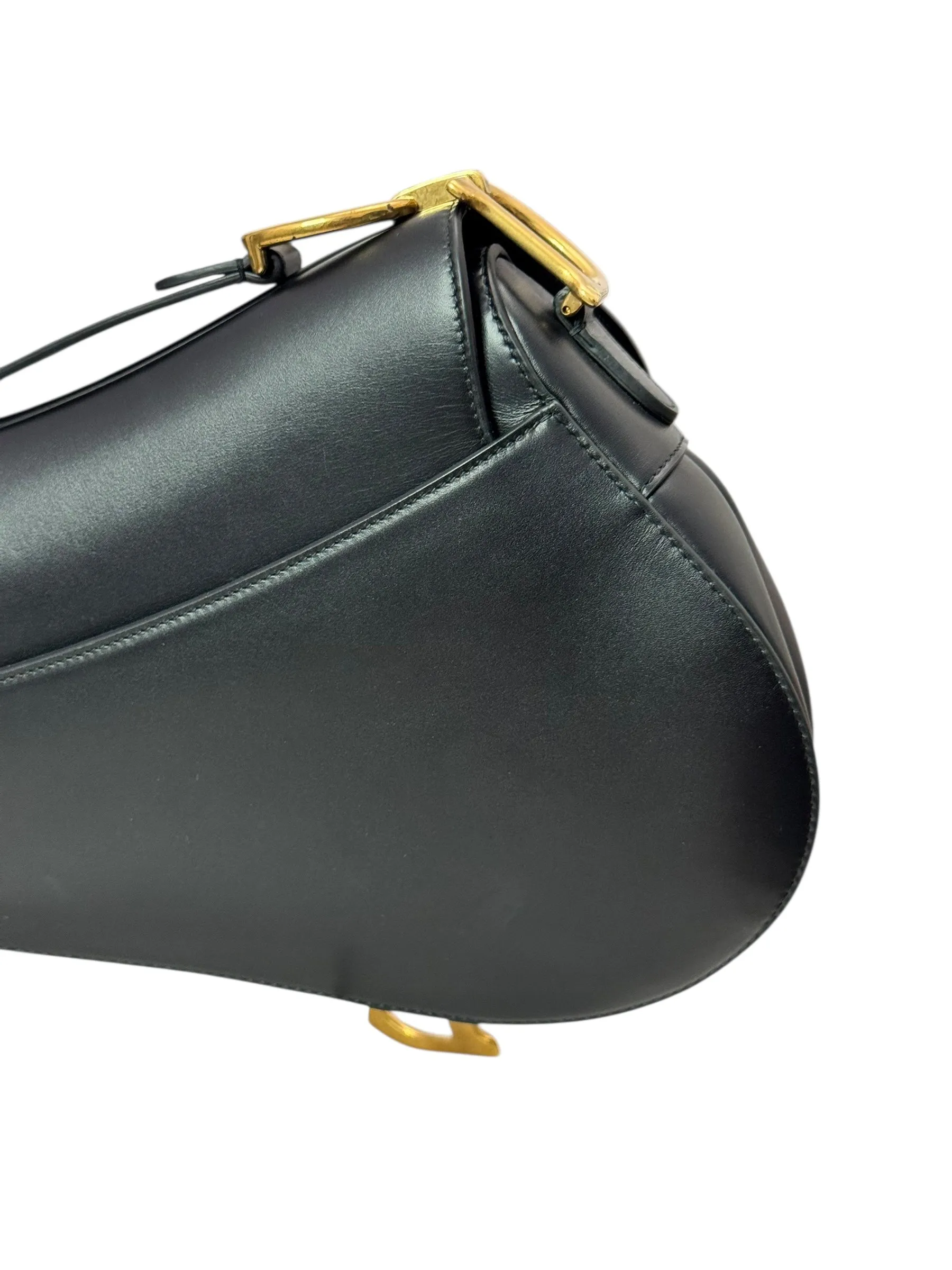 Christian Dior Saddle Bag Medium with Guitar Strap, Black Calf Leather Gold-tone Hardware