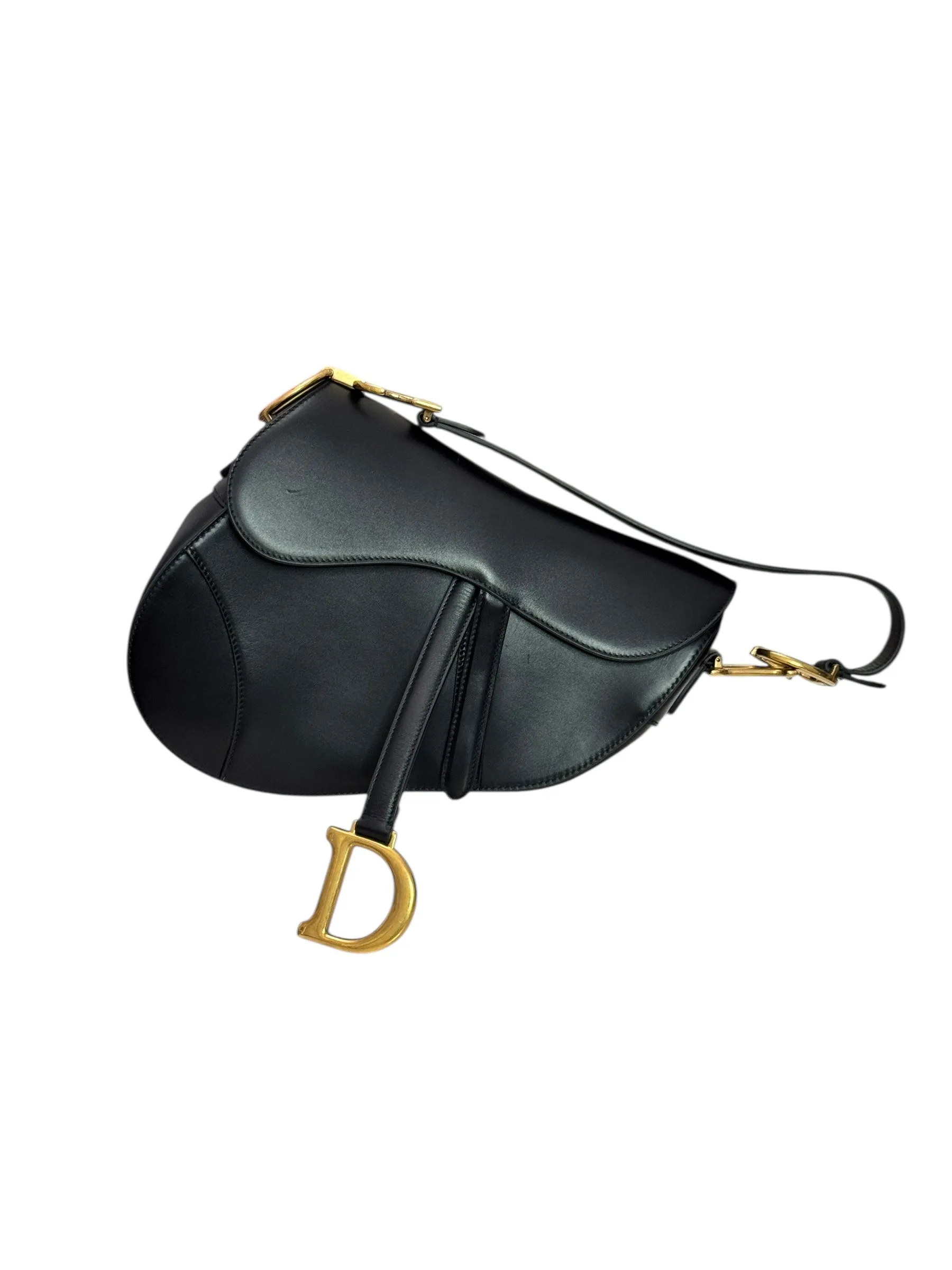 Christian Dior Saddle Bag Medium with Guitar Strap, Black Calf Leather Gold-tone Hardware