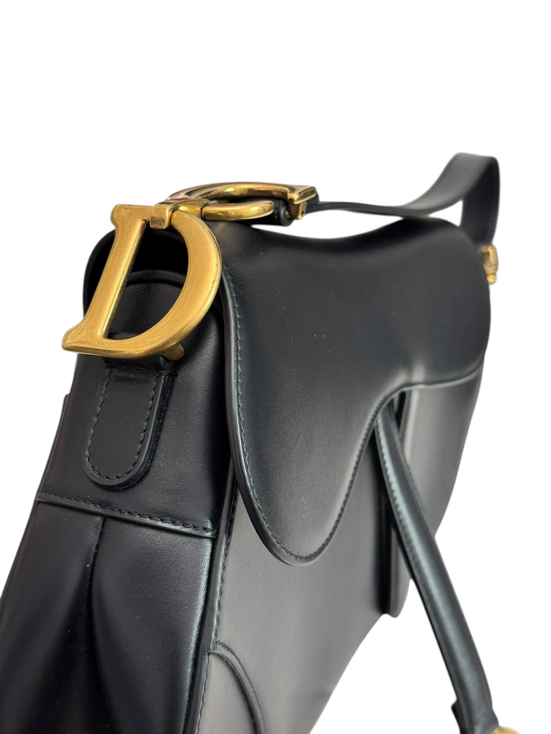 Christian Dior Saddle Bag Medium with Guitar Strap, Black Calf Leather Gold-tone Hardware