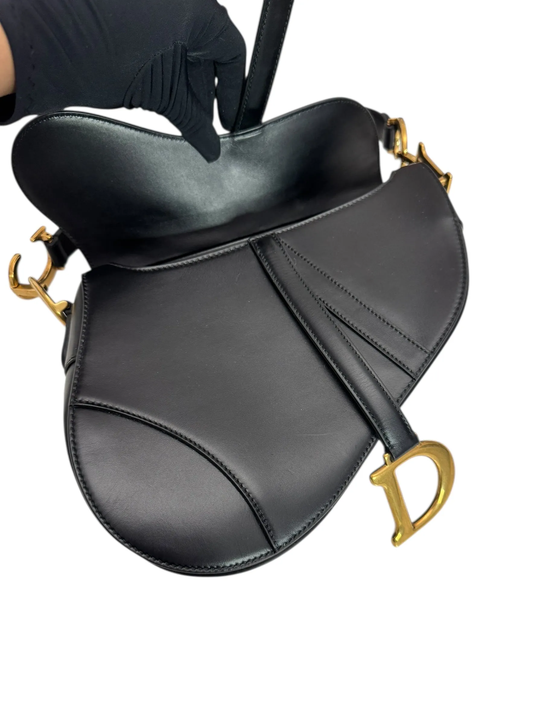 Christian Dior Saddle Bag Medium with Guitar Strap, Black Calf Leather Gold-tone Hardware