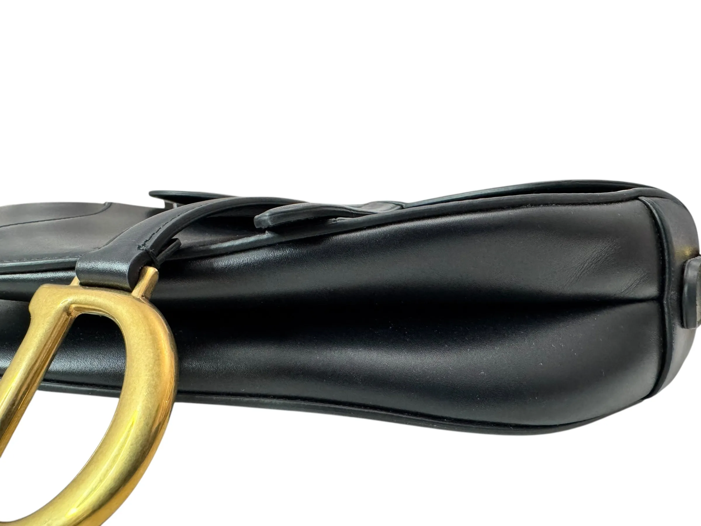 Christian Dior Saddle Bag Medium with Guitar Strap, Black Calf Leather Gold-tone Hardware