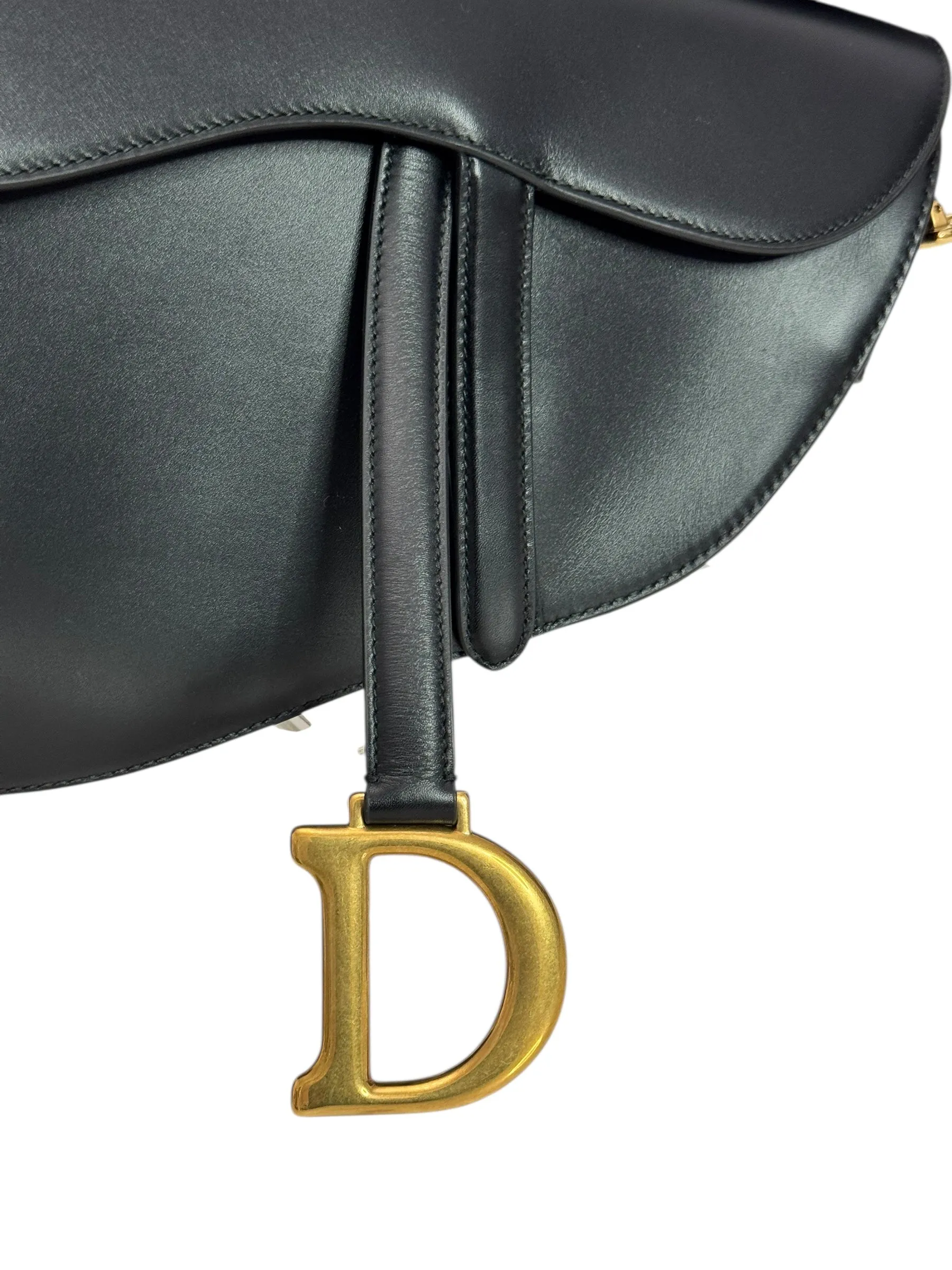 Christian Dior Saddle Bag Medium with Guitar Strap, Black Calf Leather Gold-tone Hardware