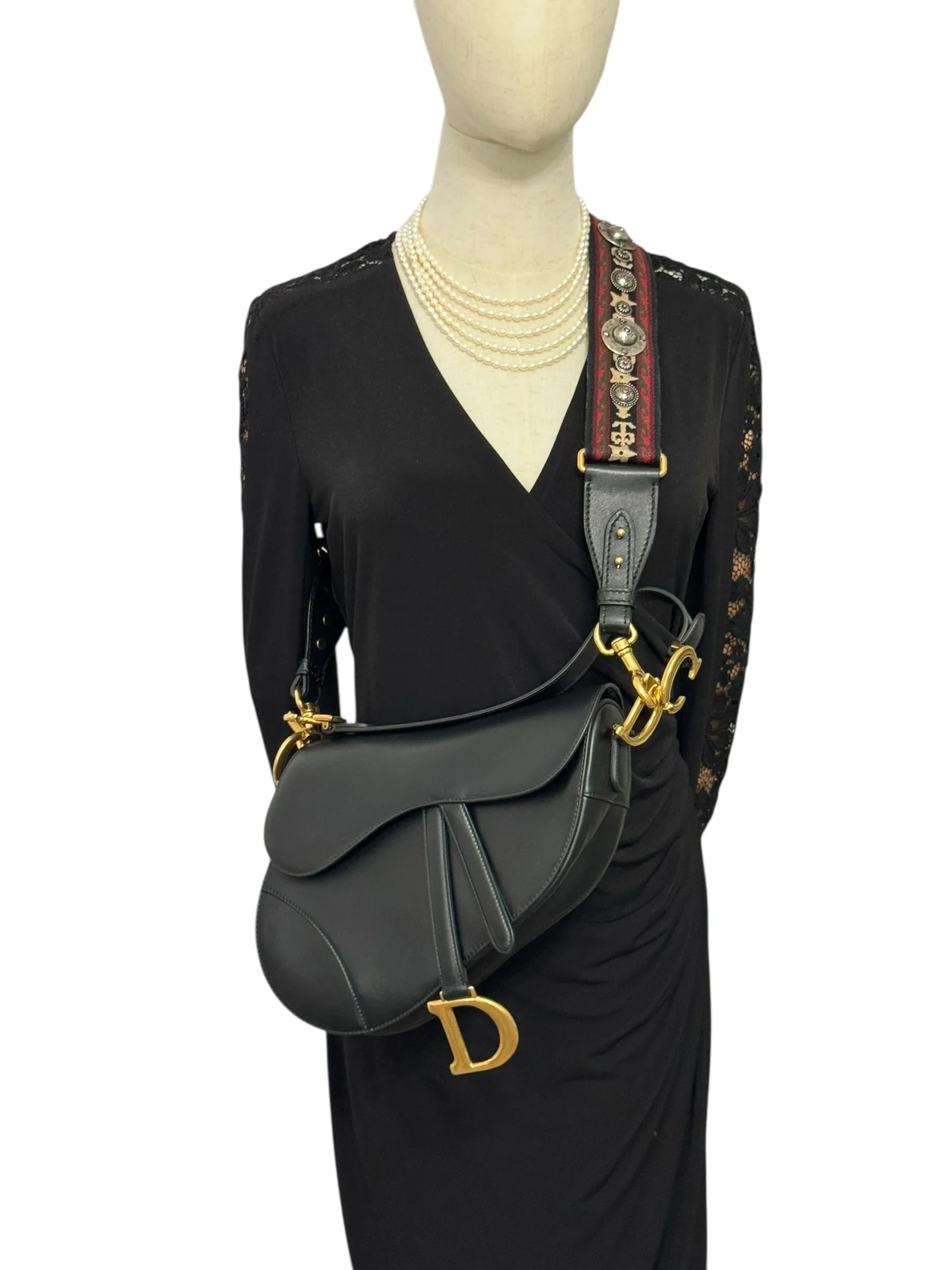 Christian Dior Saddle Bag Medium with Guitar Strap, Black Calf Leather Gold-tone Hardware