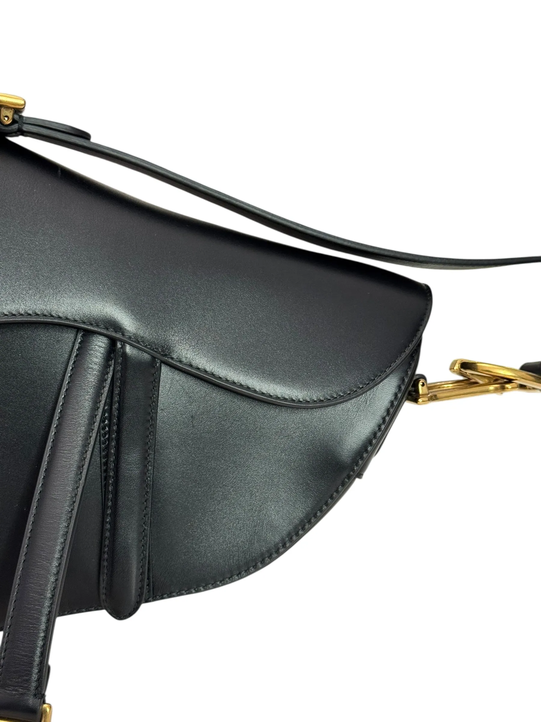 Christian Dior Saddle Bag Medium with Guitar Strap, Black Calf Leather Gold-tone Hardware