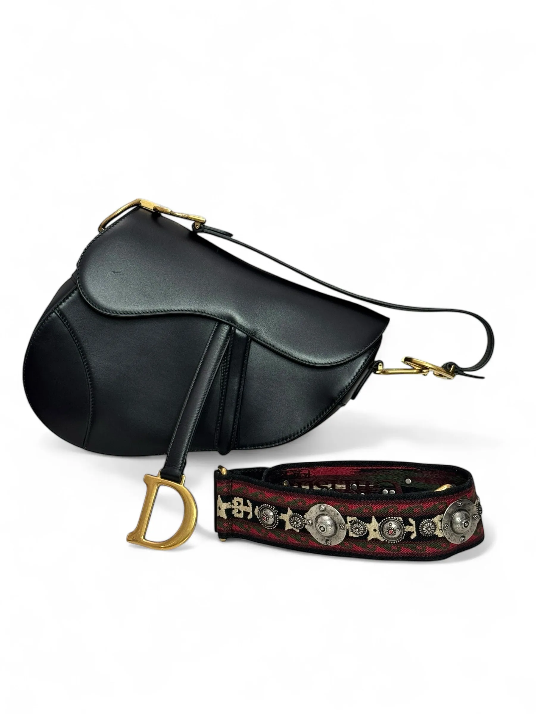 Christian Dior Saddle Bag Medium with Guitar Strap, Black Calf Leather Gold-tone Hardware