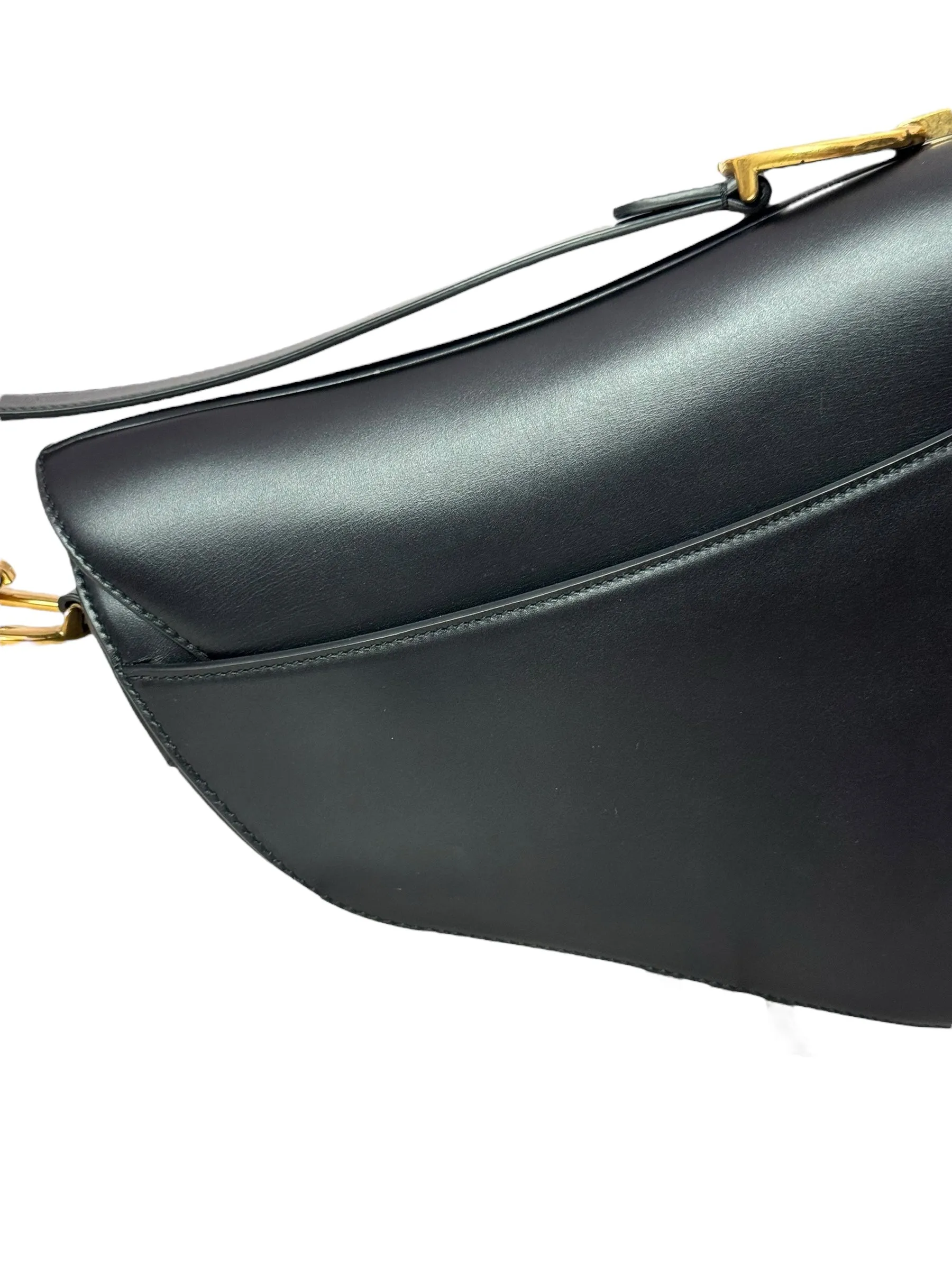 Christian Dior Saddle Bag Medium with Guitar Strap, Black Calf Leather Gold-tone Hardware