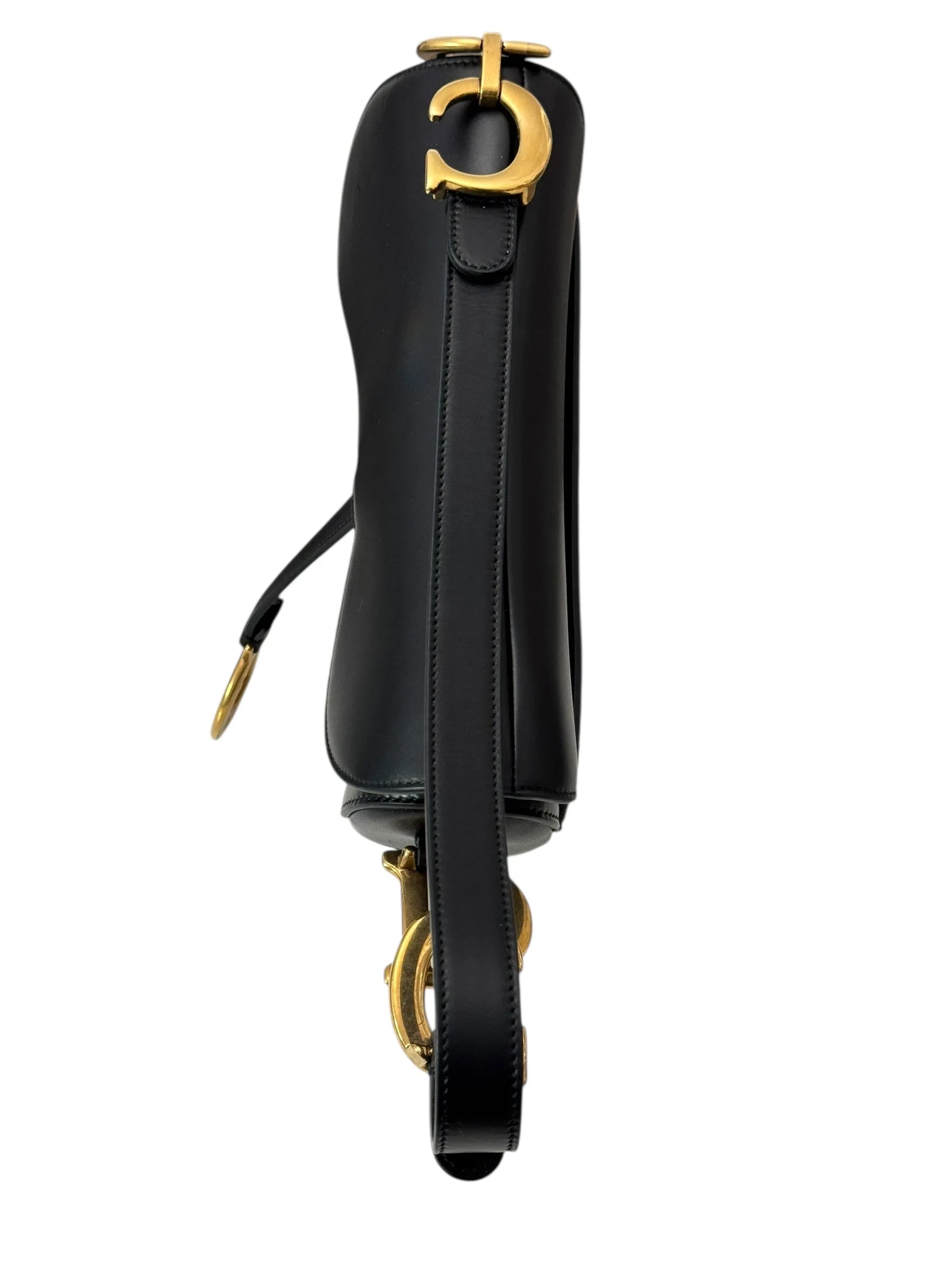 Christian Dior Saddle Bag Medium with Guitar Strap, Black Calf Leather Gold-tone Hardware