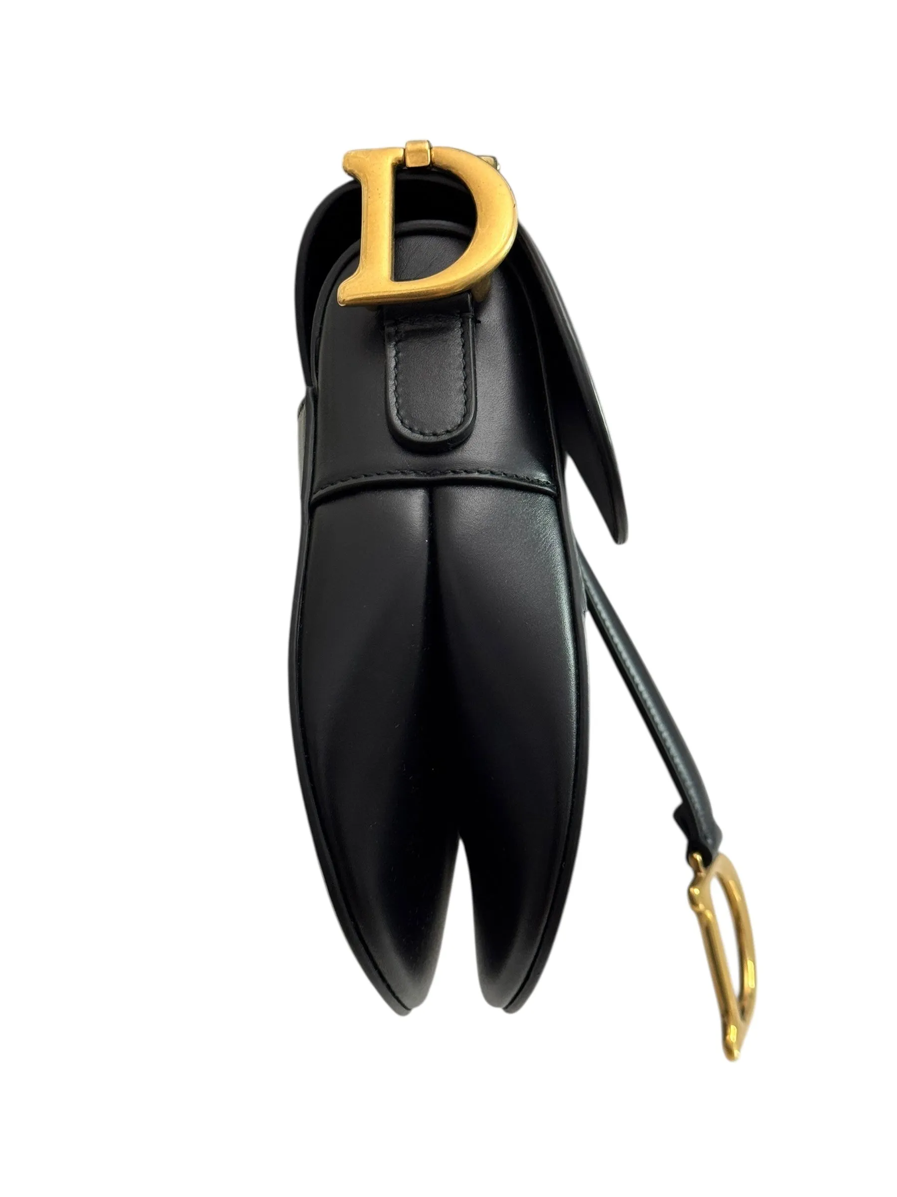 Christian Dior Saddle Bag Medium with Guitar Strap, Black Calf Leather Gold-tone Hardware