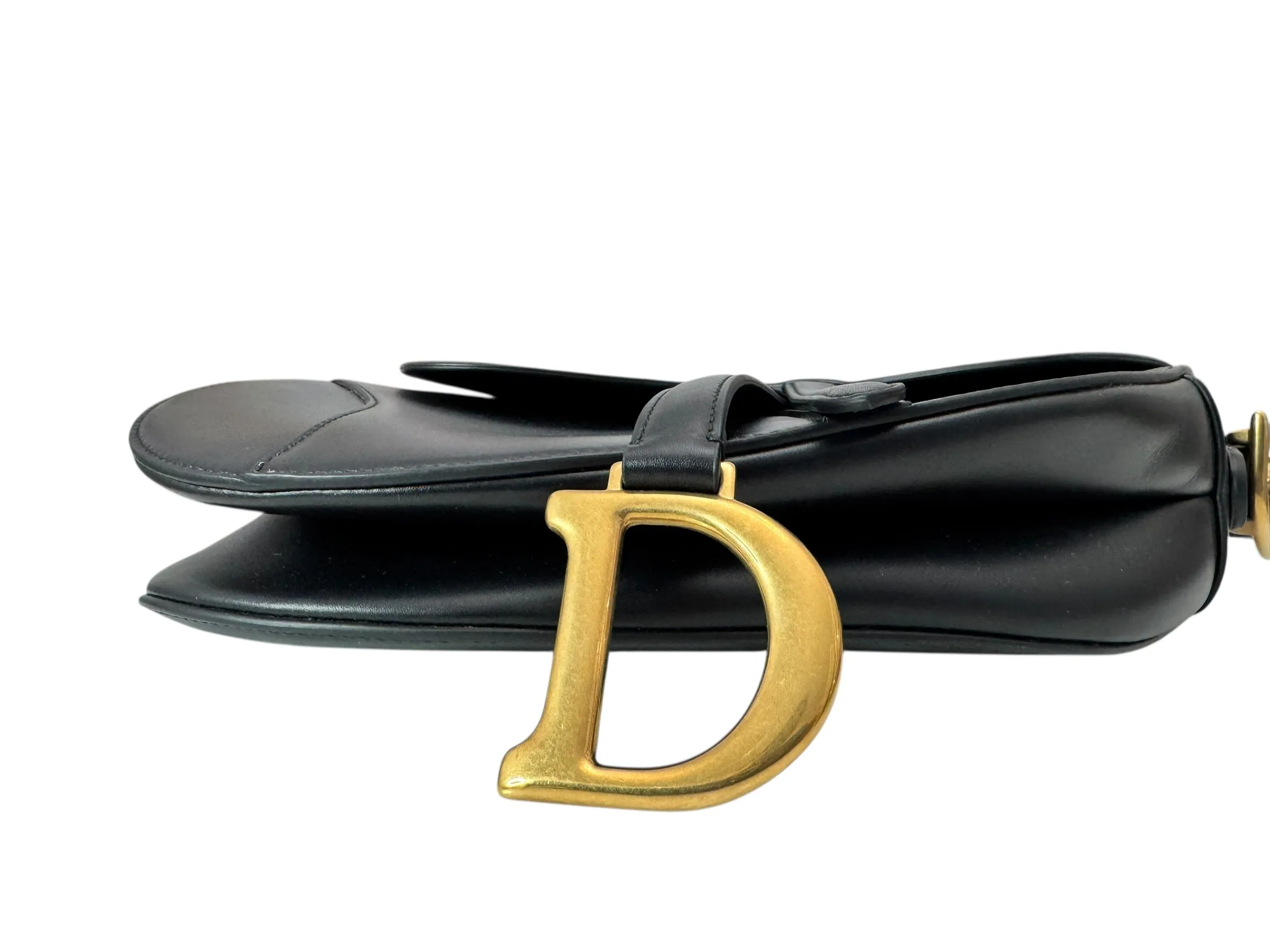 Christian Dior Saddle Bag Medium with Guitar Strap, Black Calf Leather Gold-tone Hardware