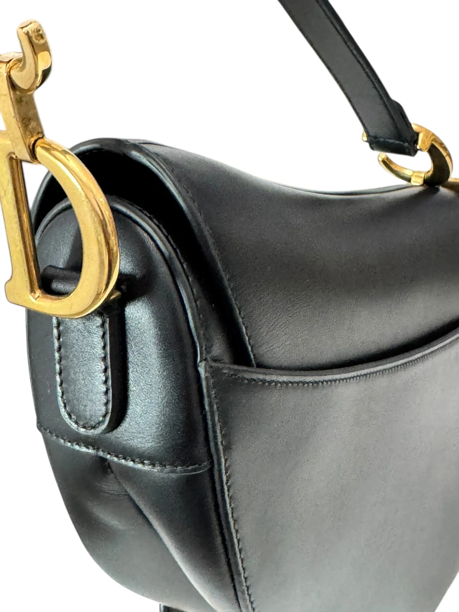 Christian Dior Saddle Bag Medium with Guitar Strap, Black Calf Leather Gold-tone Hardware