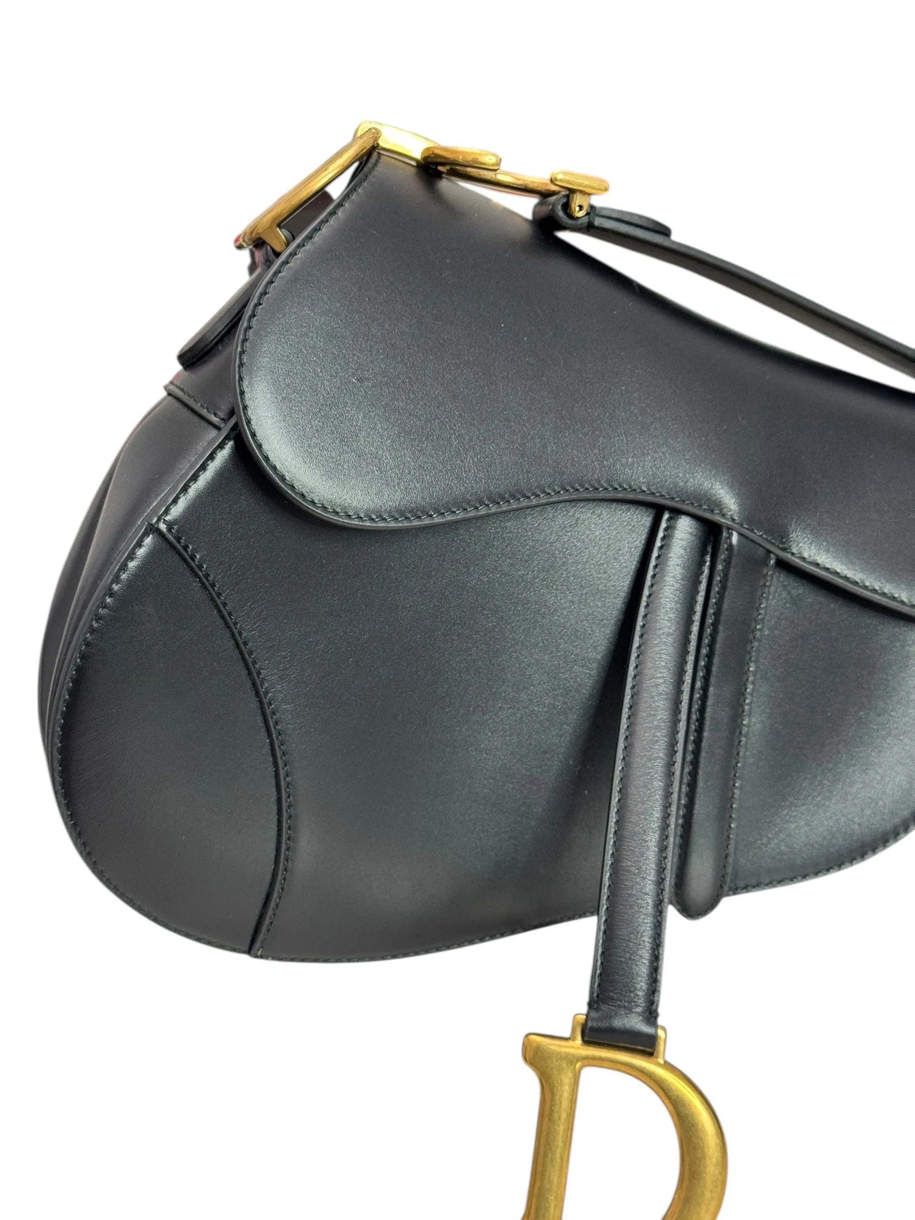 Christian Dior Saddle Bag Medium with Guitar Strap, Black Calf Leather Gold-tone Hardware