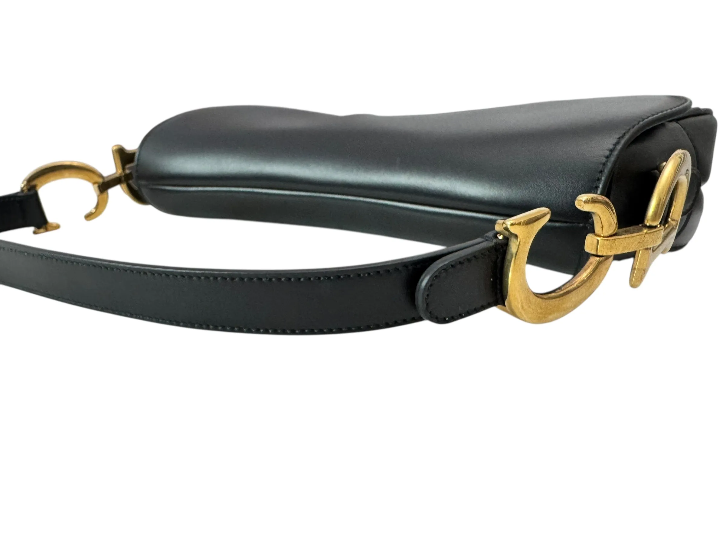 Christian Dior Saddle Bag Medium with Guitar Strap, Black Calf Leather Gold-tone Hardware