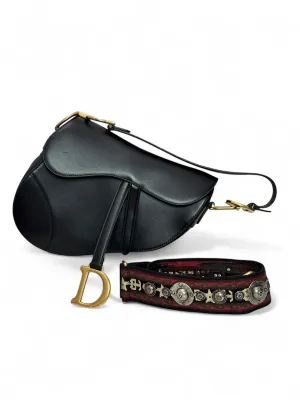 Christian Dior Saddle Bag Medium with Guitar Strap, Black Calf Leather Gold-tone Hardware