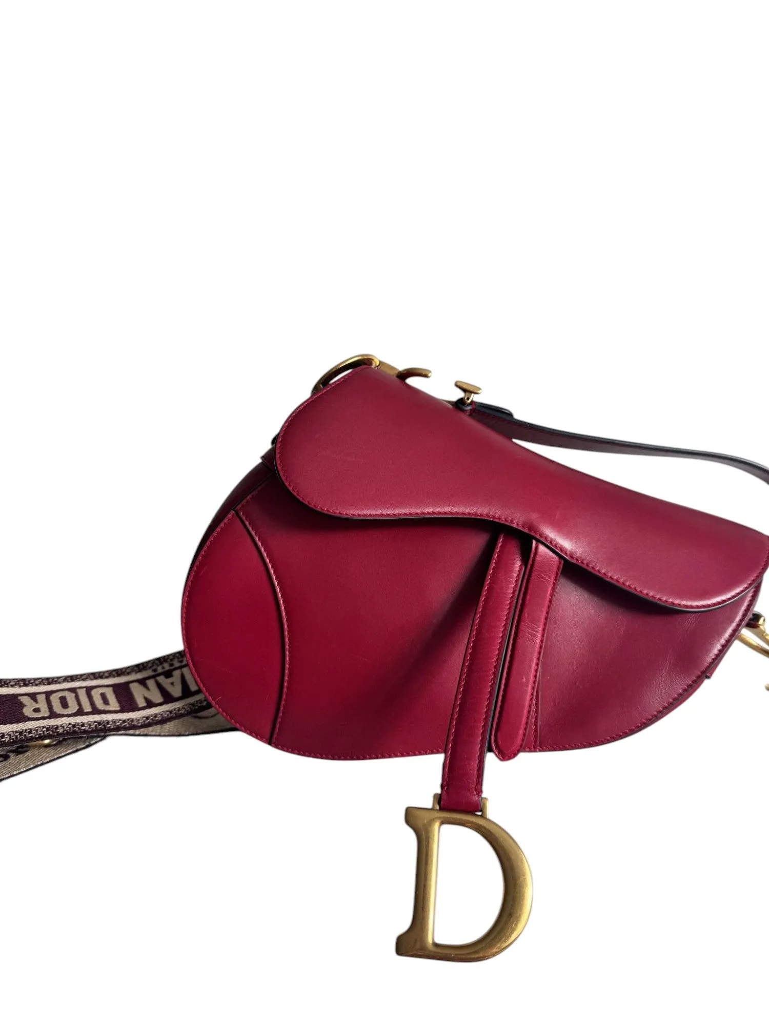 Christian Dior Saddle Bag Medium with Guitar Strap, Deep Red Calfskin, Gold-tone Hardware