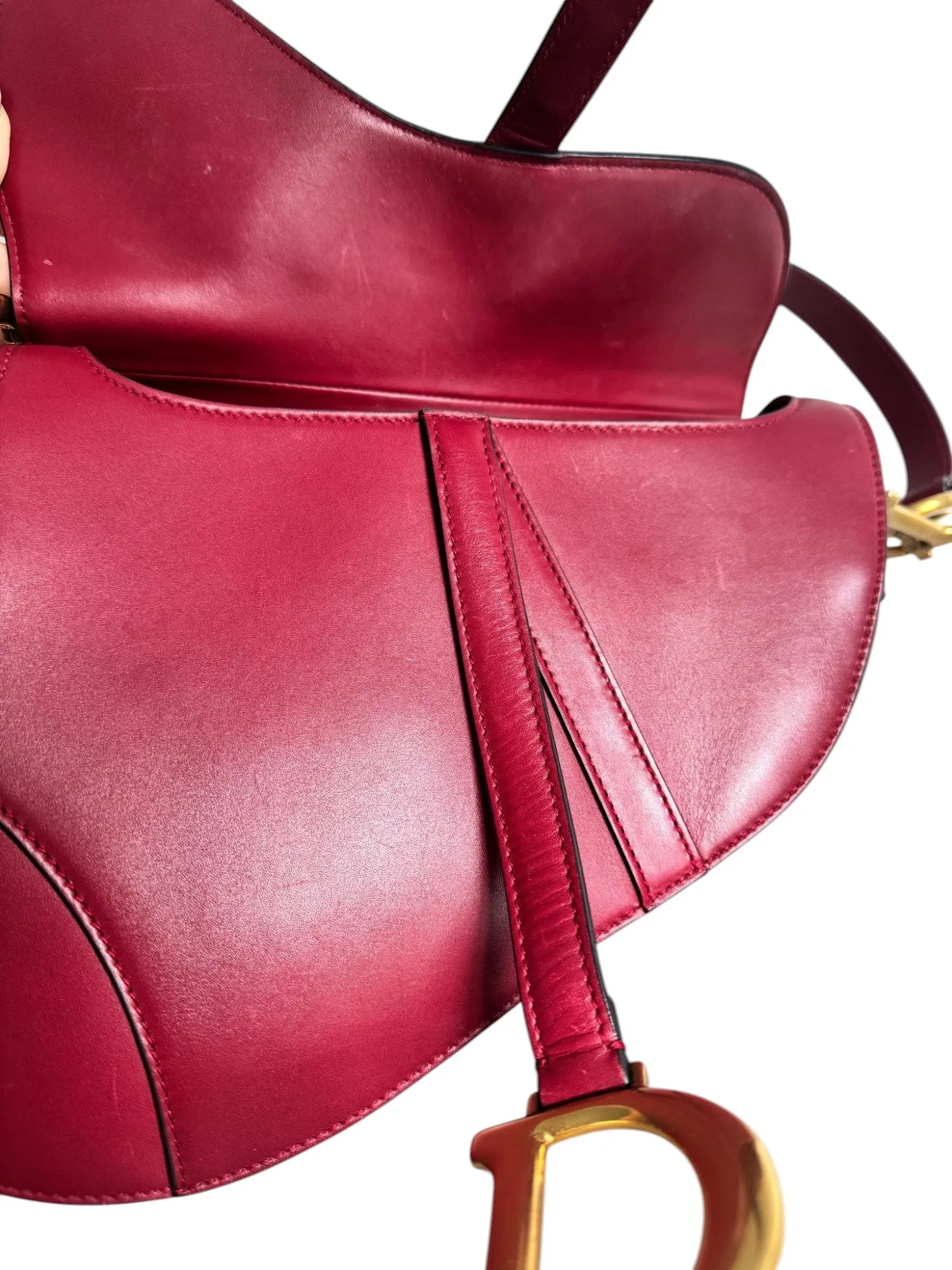 Christian Dior Saddle Bag Medium with Guitar Strap, Deep Red Calfskin, Gold-tone Hardware