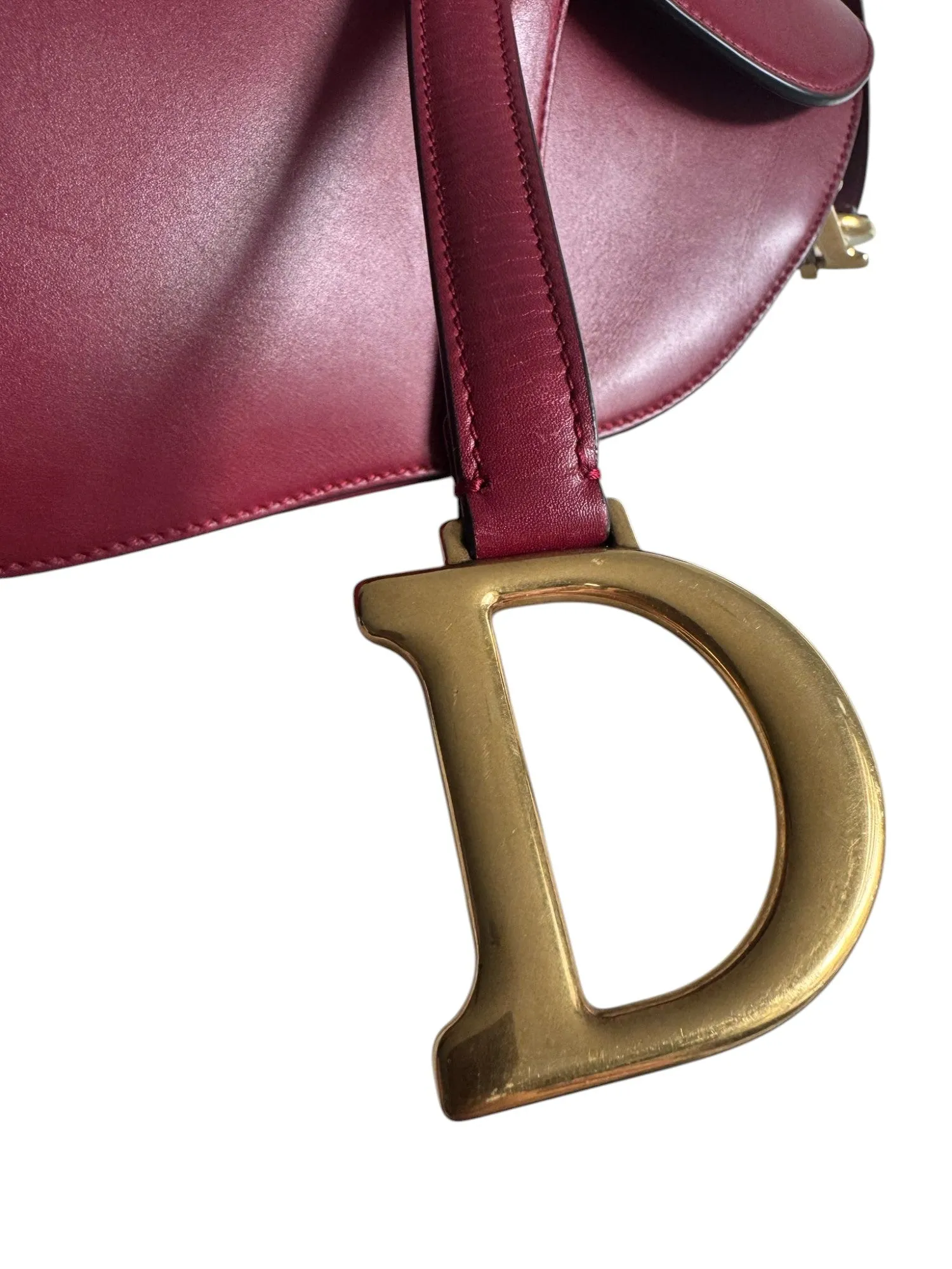 Christian Dior Saddle Bag Medium with Guitar Strap, Deep Red Calfskin, Gold-tone Hardware