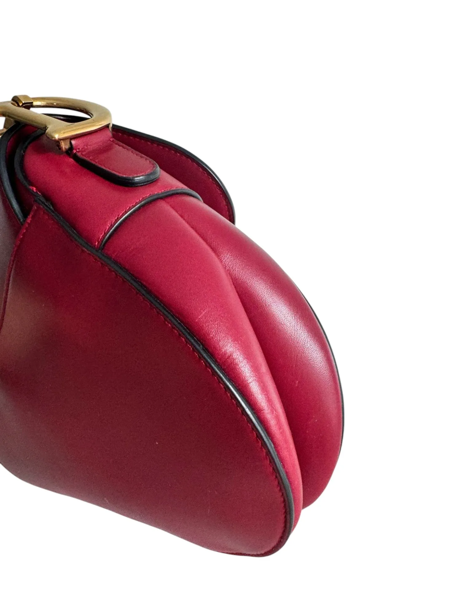 Christian Dior Saddle Bag Medium with Guitar Strap, Deep Red Calfskin, Gold-tone Hardware