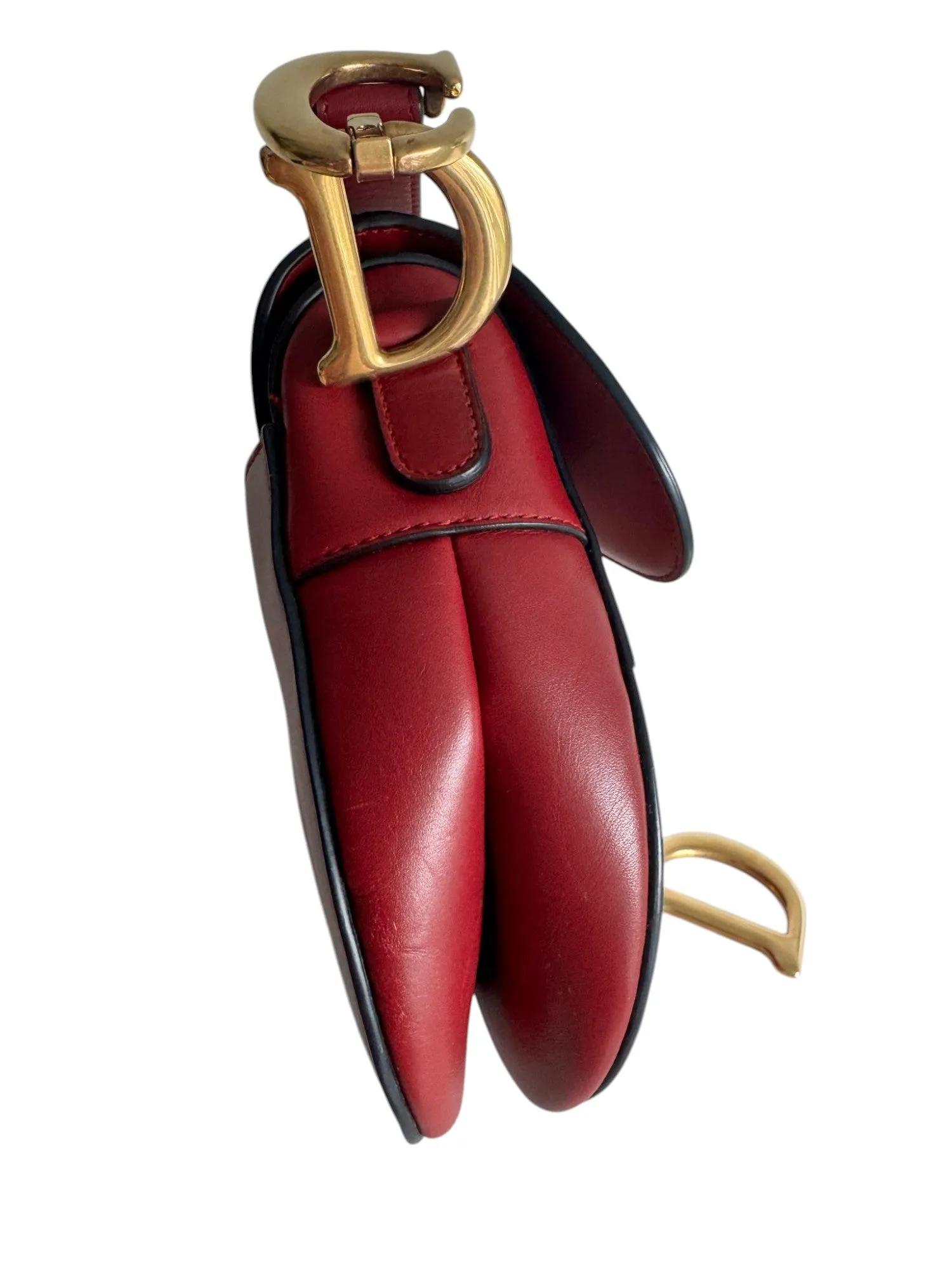 Christian Dior Saddle Bag Medium with Guitar Strap, Deep Red Calfskin, Gold-tone Hardware