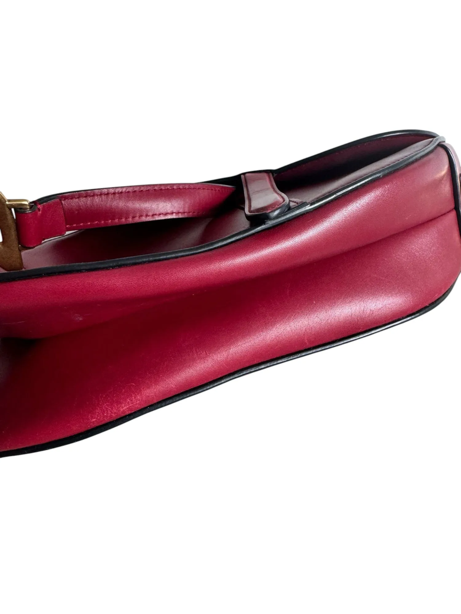 Christian Dior Saddle Bag Medium with Guitar Strap, Deep Red Calfskin, Gold-tone Hardware
