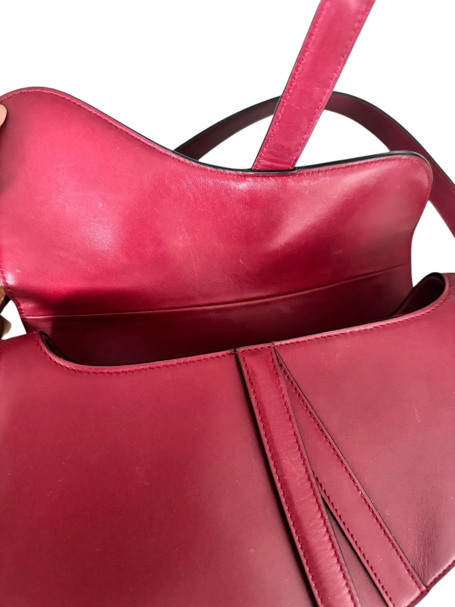 Christian Dior Saddle Bag Medium with Guitar Strap, Deep Red Calfskin, Gold-tone Hardware