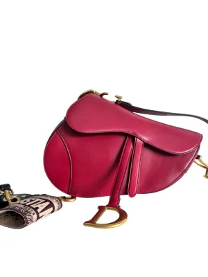 Christian Dior Saddle Bag Medium with Guitar Strap, Deep Red Calfskin, Gold-tone Hardware