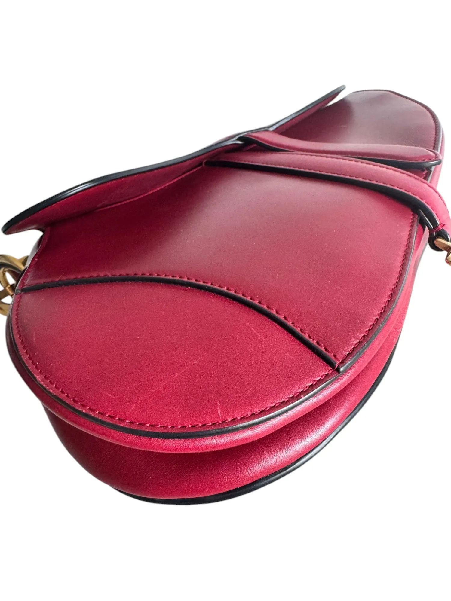 Christian Dior Saddle Bag Medium with Guitar Strap, Deep Red Calfskin, Gold-tone Hardware