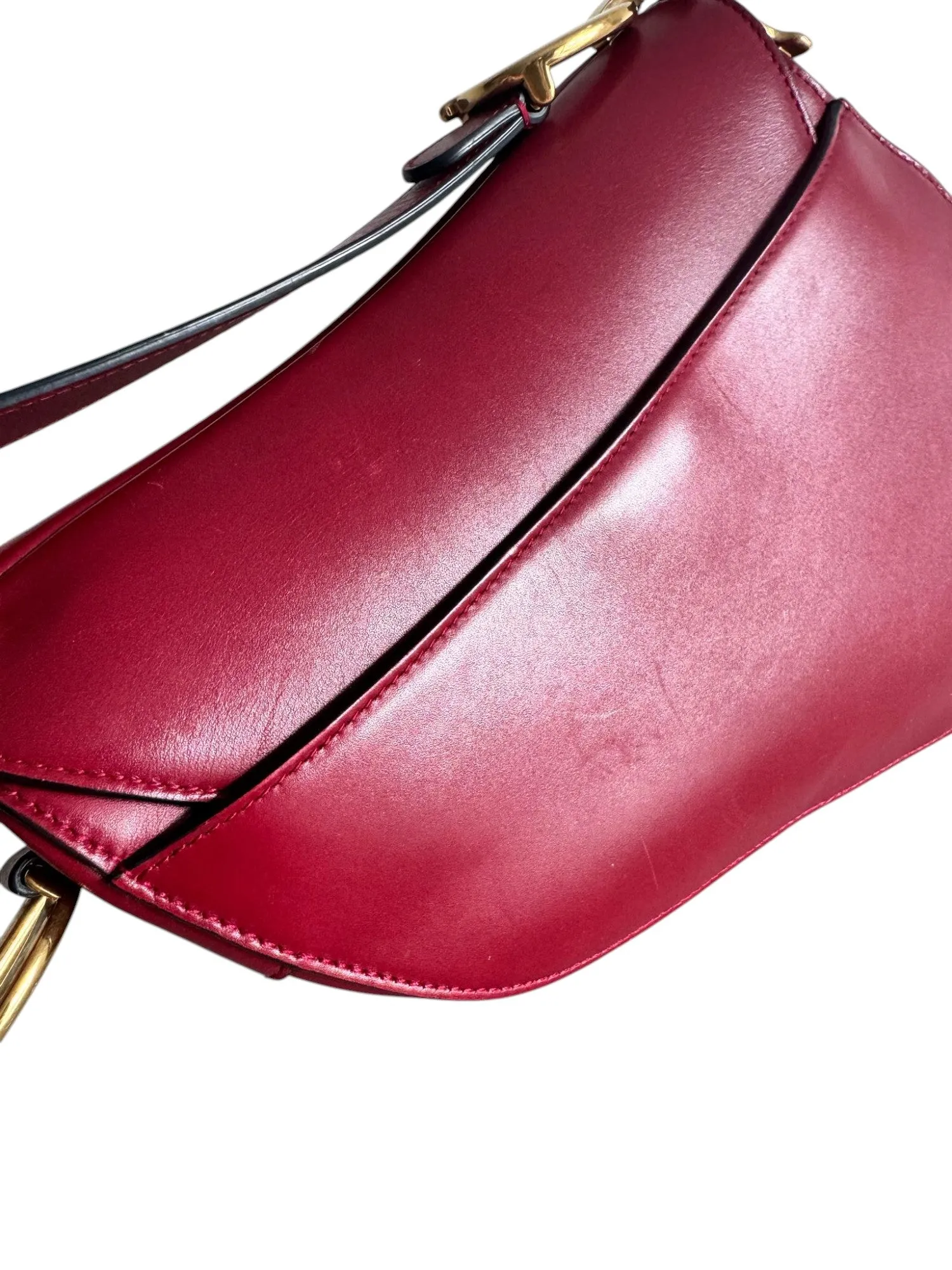 Christian Dior Saddle Bag Medium with Guitar Strap, Deep Red Calfskin, Gold-tone Hardware
