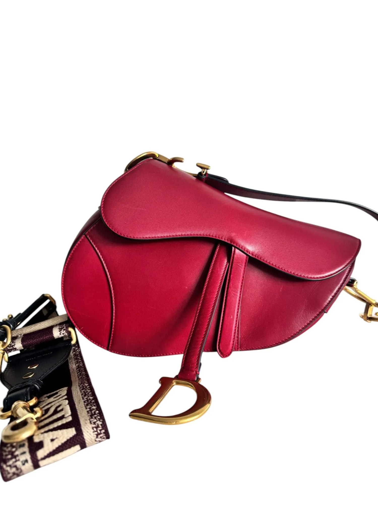 Christian Dior Saddle Bag Medium with Guitar Strap, Deep Red Calfskin, Gold-tone Hardware