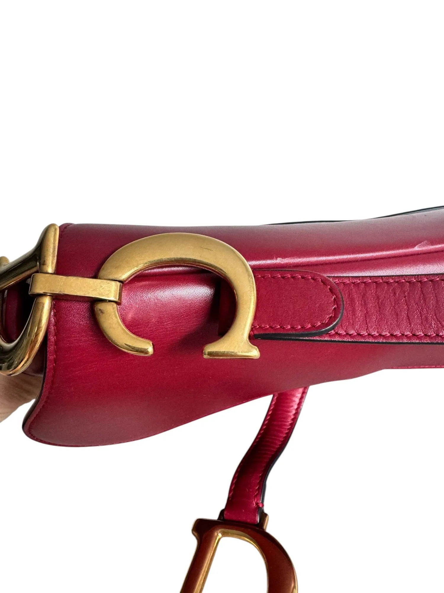 Christian Dior Saddle Bag Medium with Guitar Strap, Deep Red Calfskin, Gold-tone Hardware