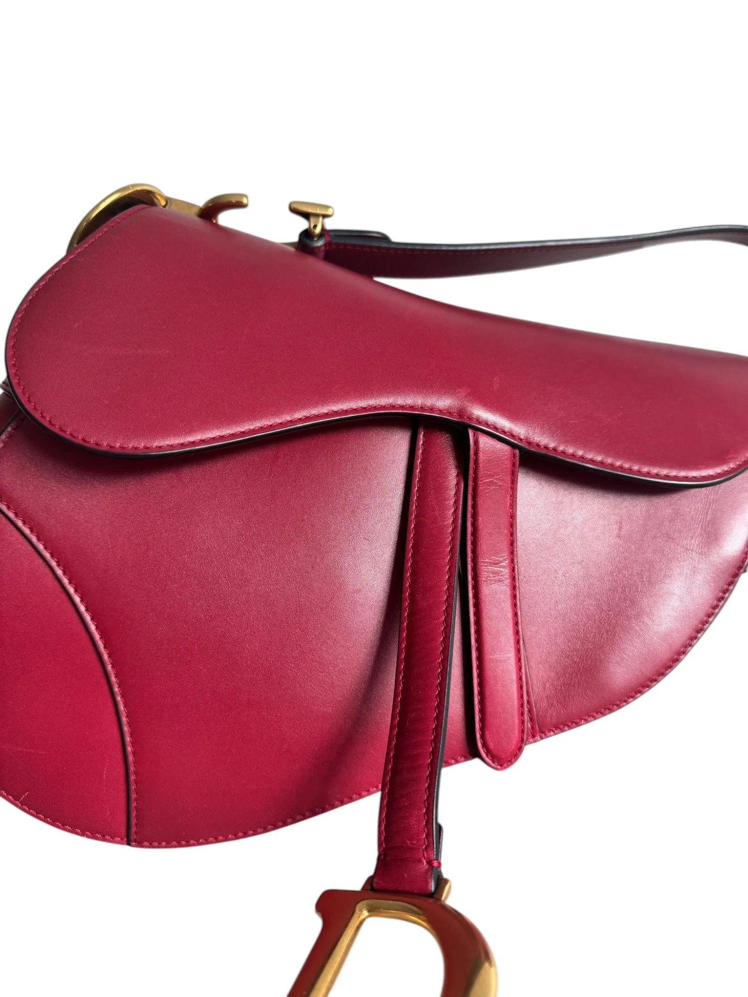 Christian Dior Saddle Bag Medium with Guitar Strap, Deep Red Calfskin, Gold-tone Hardware