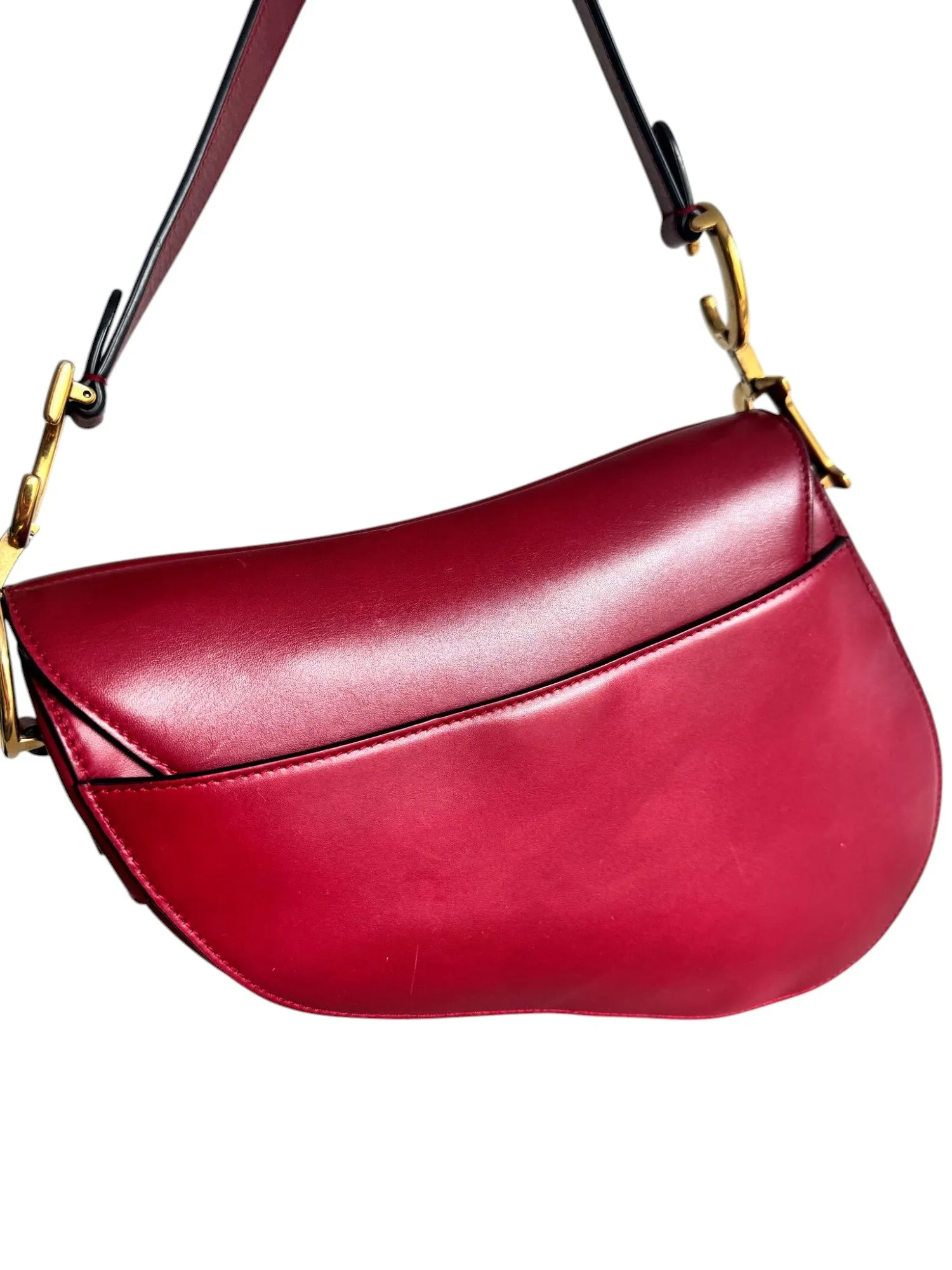 Christian Dior Saddle Bag Medium with Guitar Strap, Deep Red Calfskin, Gold-tone Hardware