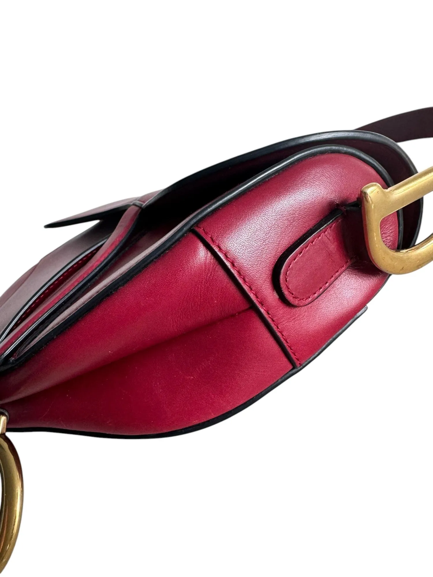 Christian Dior Saddle Bag Medium with Guitar Strap, Deep Red Calfskin, Gold-tone Hardware